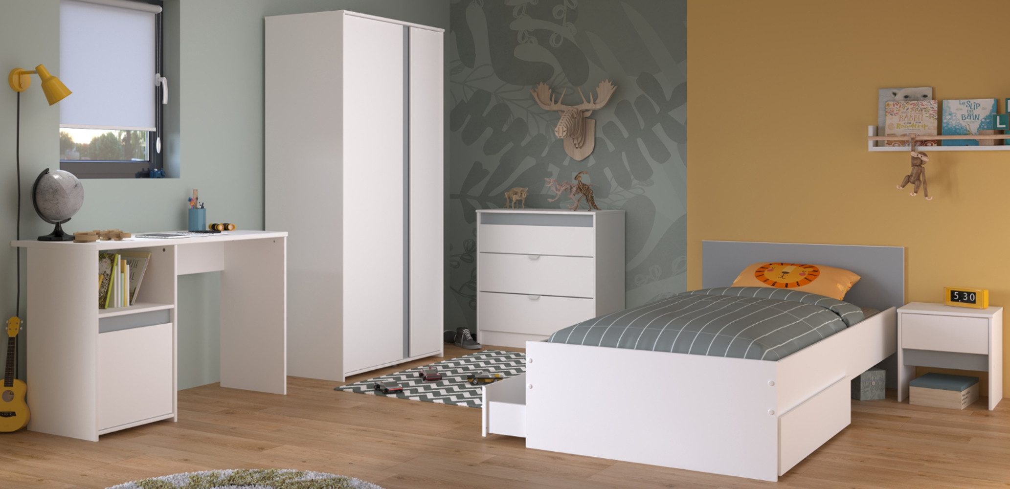 Parisot Jugendzimmer-Set Pirouette, (Kinderzimmer Komplett-Set in weiß, 5-teilig), inklusive Grau und Rosa Absetzungen