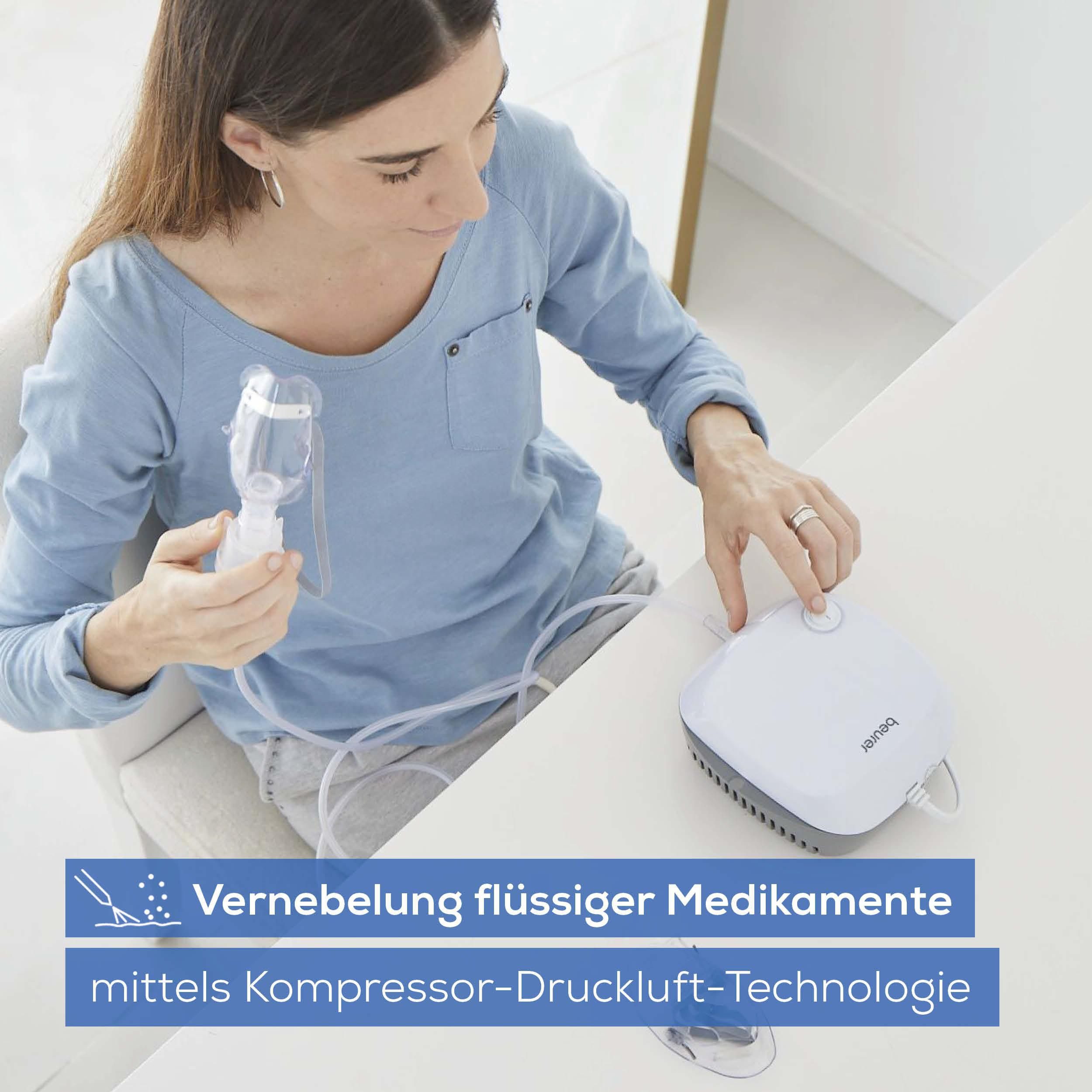 BEURER Inhalationsgerät IH 18 Inhalator zur Behandlung der oberen und unteren Atemwege, Effektive Verneblung mittels AC Kompressor-Drucklufttechnologie