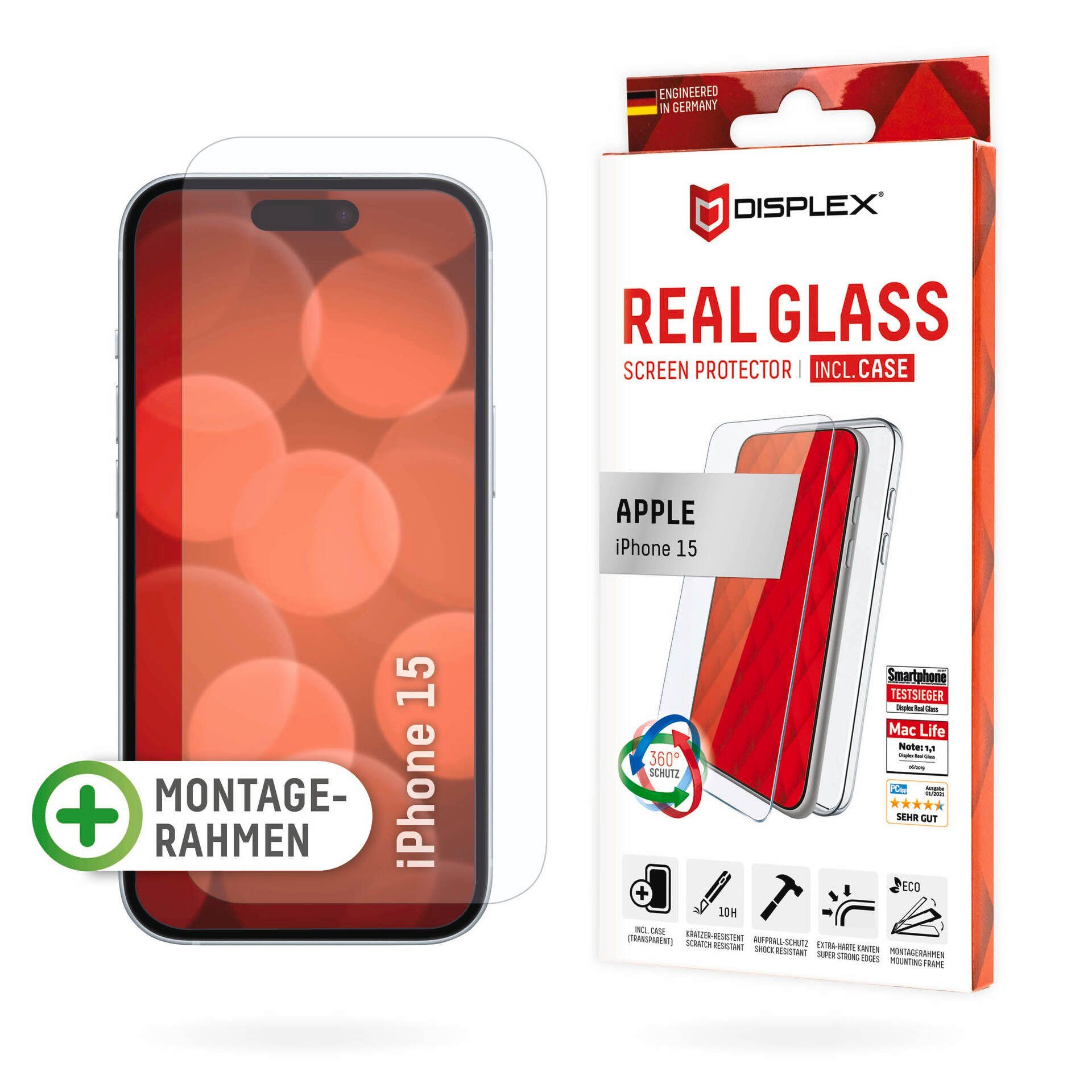 Displex Displayschutzglas Real Glass + Case für Apple iPhone 15, Displayschutzfolie Displayschutz Rundumschutz 360 Grad splitterfest