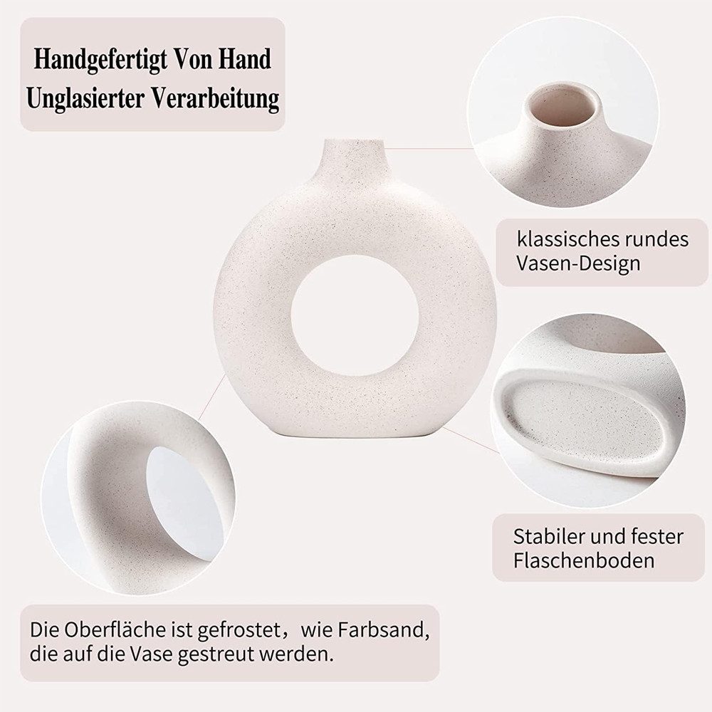 TUWENA Tischvase Handmade Vase Für Pampasgras, Donut Keramik Vase, Runde Matte Vasen, Vase Nordic Ring Modern Deko, Wohnzimmer Vasen Für Dekoration Geschenk