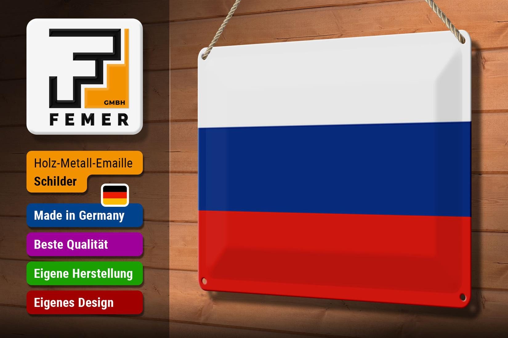 Femer GmbH Metallschild Flagge Russland 30x20cm Flag of Russia, (1 St), gewölbte Oberfläche, abgerundete Ecken, umgeschlagene Kanten