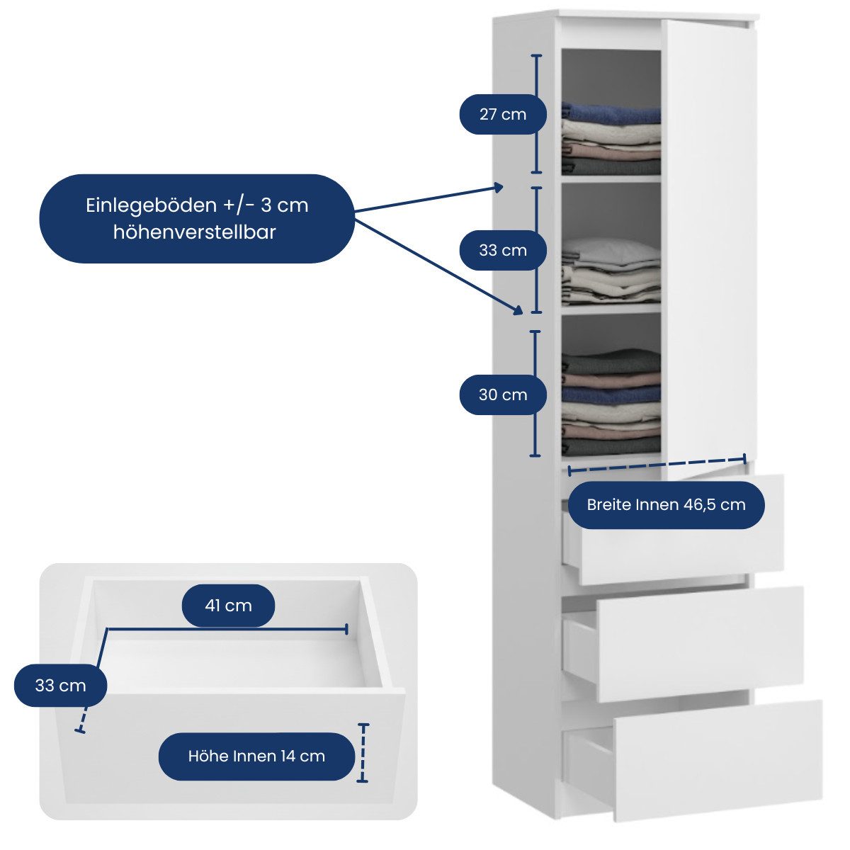 Home Collective Kleiderschrank Garderobenschrank Mehrzweckschrank Schrank platzsparend & vielseitig (50x40x180,5 cm (BxTxH), ideal für Schlafzimmer Flur & Arbeitszimmer) mit 1 Tür 3 Einlegeböden & 3 Schubladen in weiß