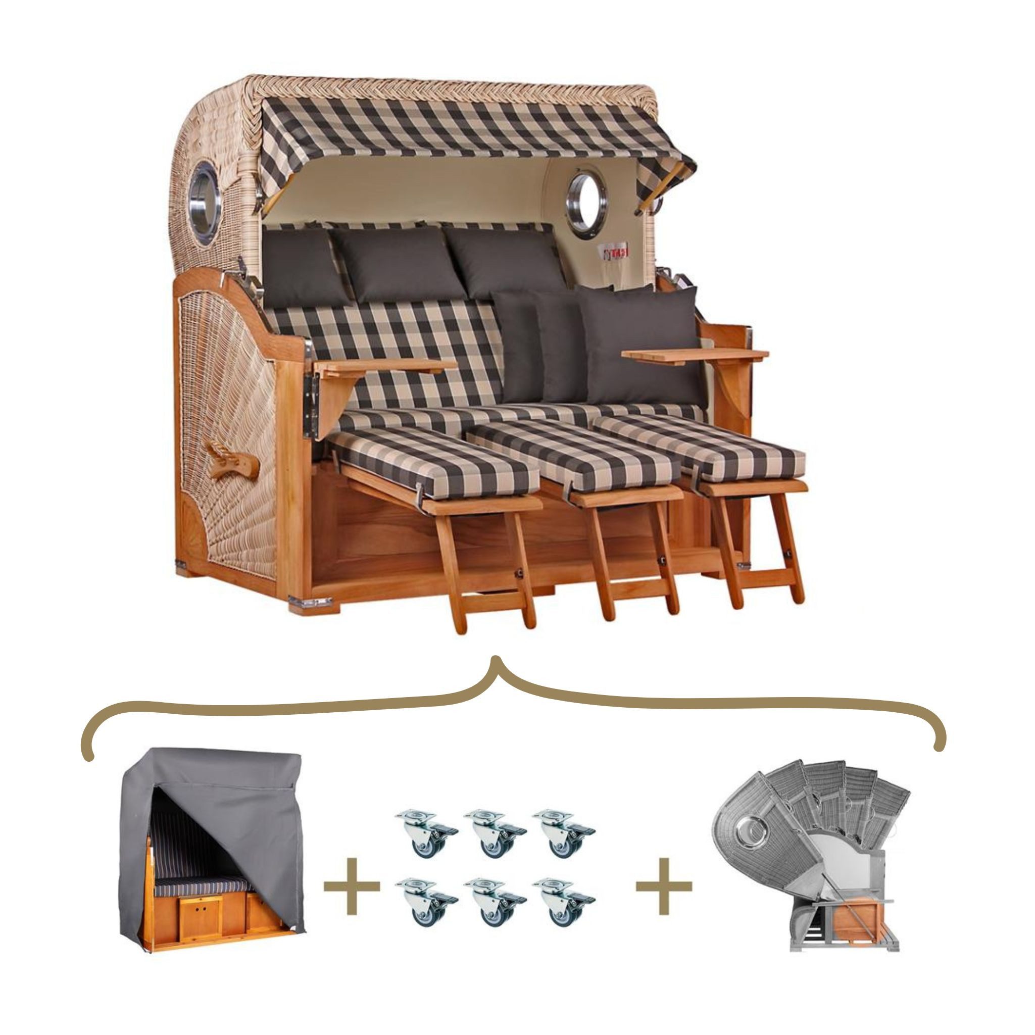 MR.DEKO Strandkorb XXL 3-Sitzer Teak Volllieger 170cm Bullauge Kariert für 3 Personen, BxTxH: 170x95x170 cm, Volllieger, Baltikum XXL, (Komplettset Strandkorb mit Abdeckhaube, Rollen und Lifter-System, 4-tlg., 4-teiliges Set inkl. Zubehör), Wetterfestes Komplettset mit Rollen, Lifter & Haube, Fertig montiert