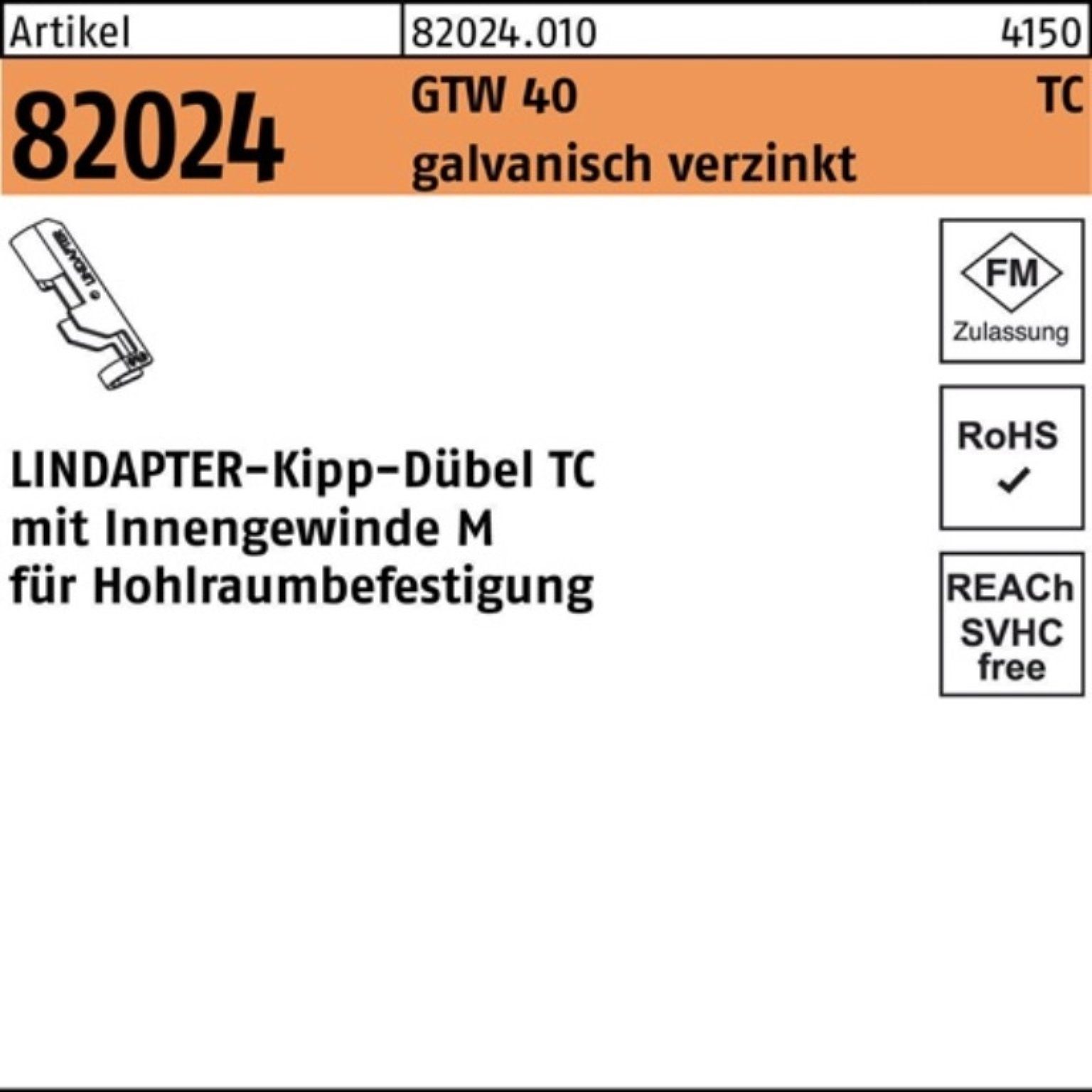 Lindapter Kippdübel 100er Pack Kippdübel R 82024 GTW 40 TC TC 8 galv.verz. 1 Stück LINDA