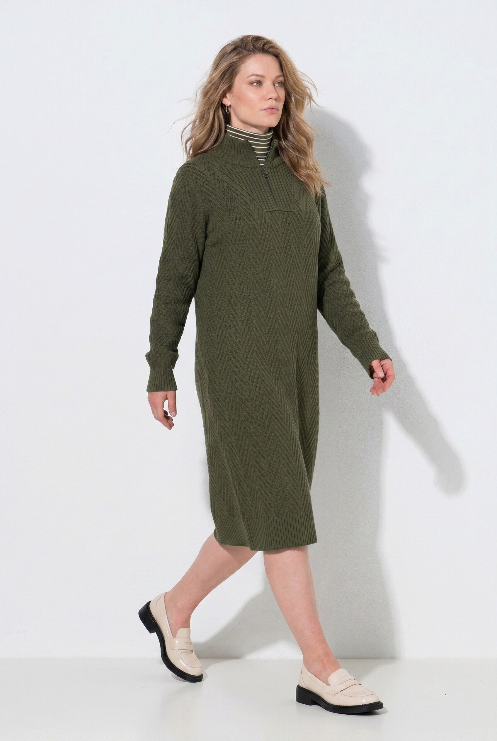 Ulla Popken Midikleid Strickkleid Fischgrat Troyerkragen Langarm