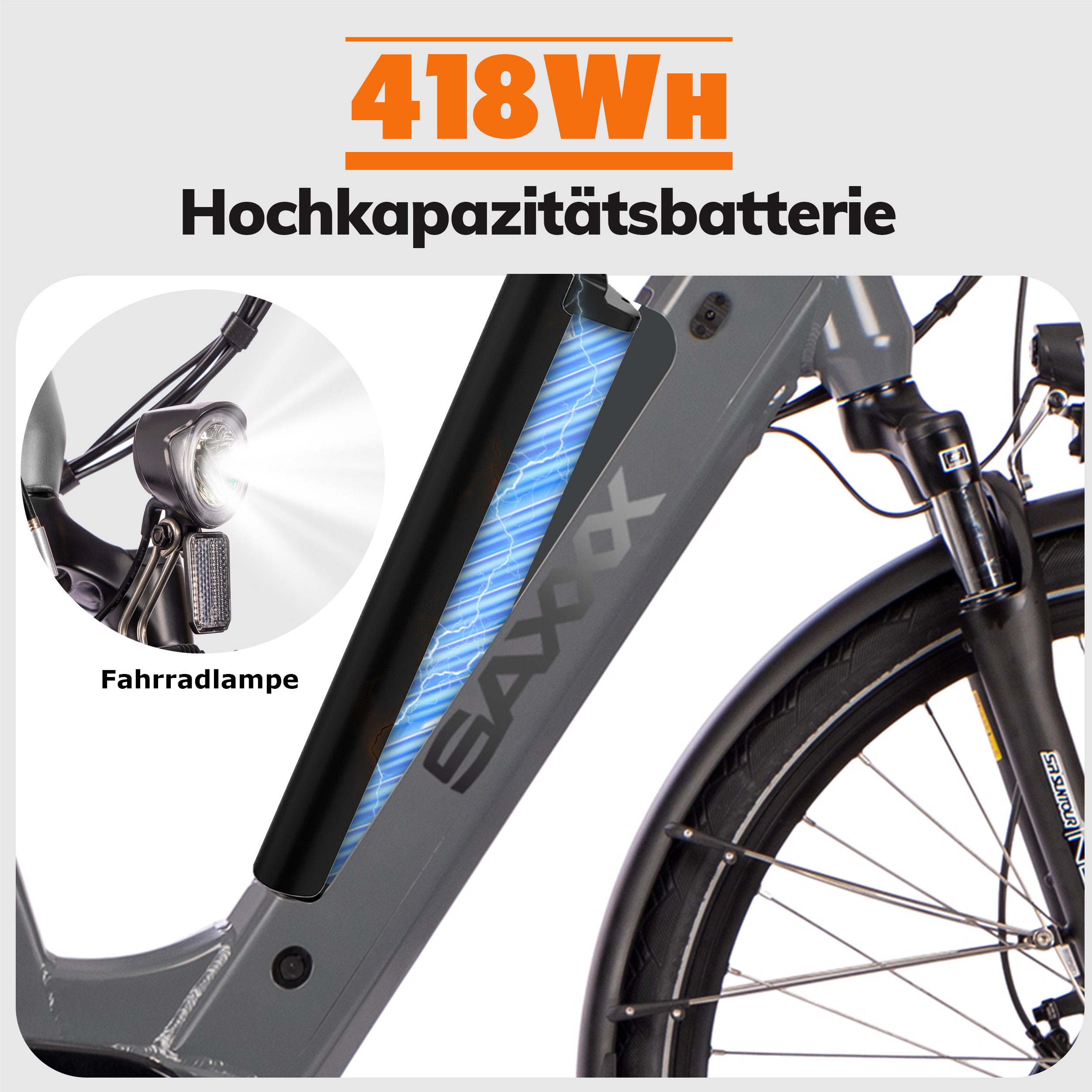 SAXXX E-Bike Trekkingrad Damen u. Herren 28'' SAXXX DSW, 418Wh, 250W Mittelmotor, max. 100km, 9 Gang Shimano Alivio Schaltwerk, Kettenschaltung, Mittelmotor, 418 Wh, (mit Akku-Schlüssel, mit Akku-Ladegerät), Federgabel, Gepäckträger, hydraulische Scheibenbremsen, E-Trekkingrad