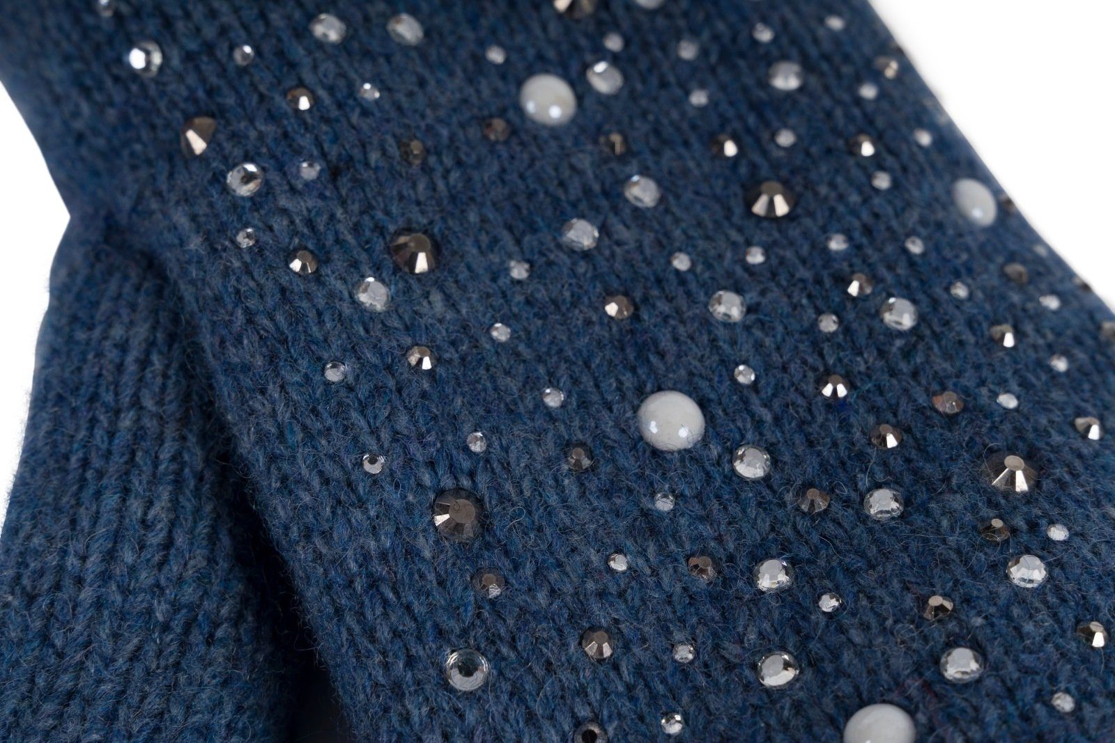 styleBREAKER Fäustlinge Strickhandschuhe Fäustlinge mit Perlen und Strass Jeansblau