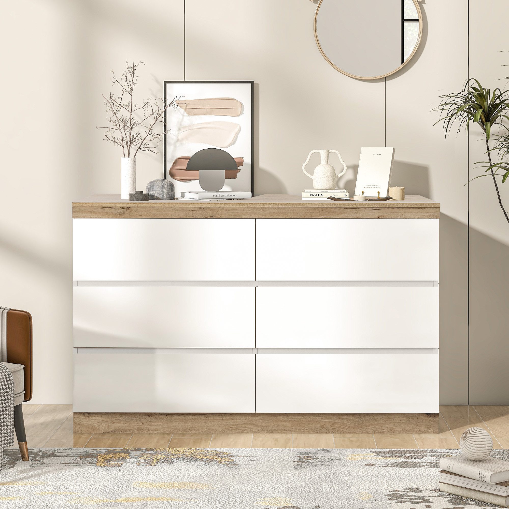 KLAM HOME Kommode Schließfach Schrank Sideboard Highboard (mit 6 Schubladen Breite 110 cm Höhe 67.5cm), Schlafzimmer Flur