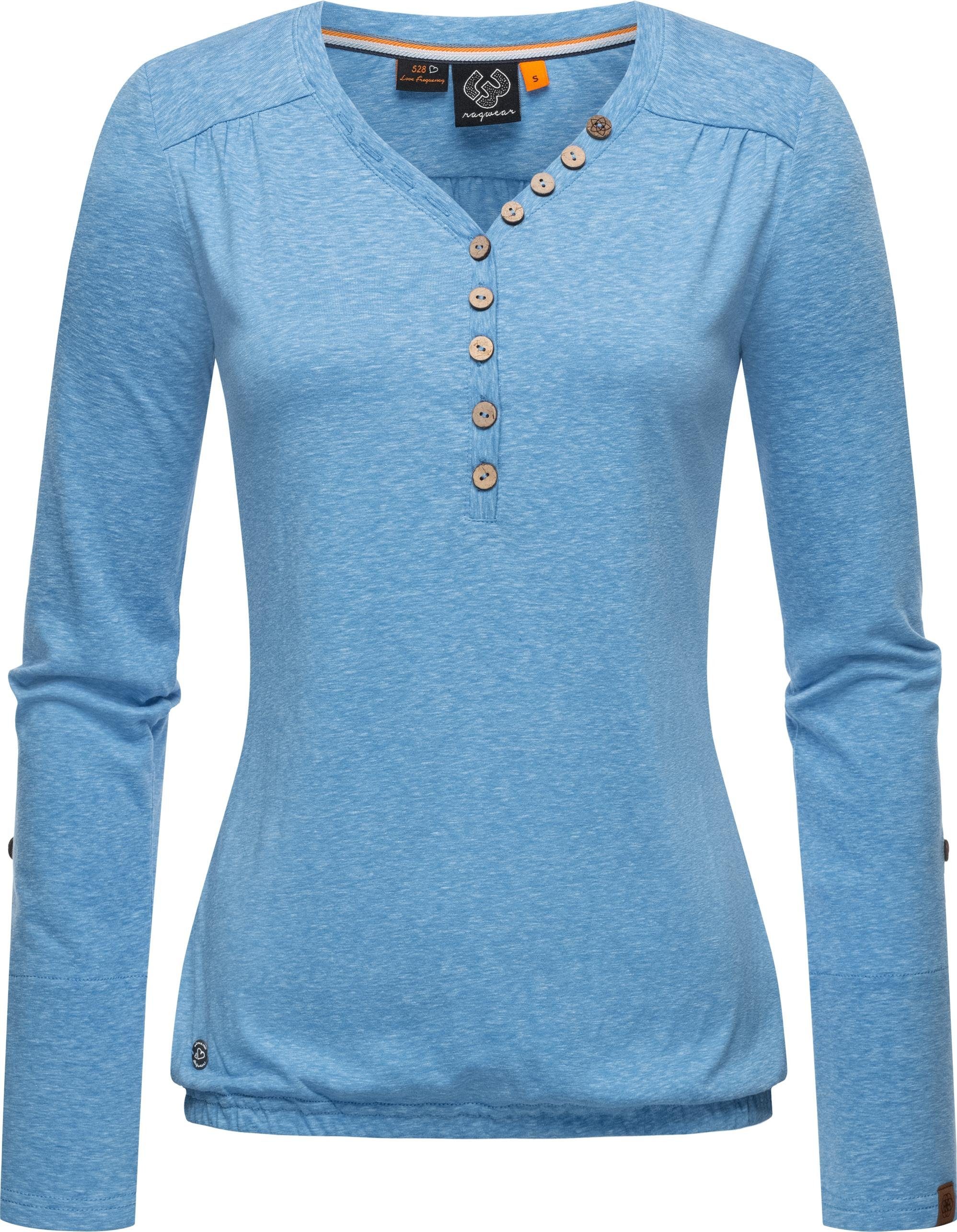 Pinchi Damen blau Langarmshirt Knöpfen Melange Stylisches Longsleeve mit Ragwear