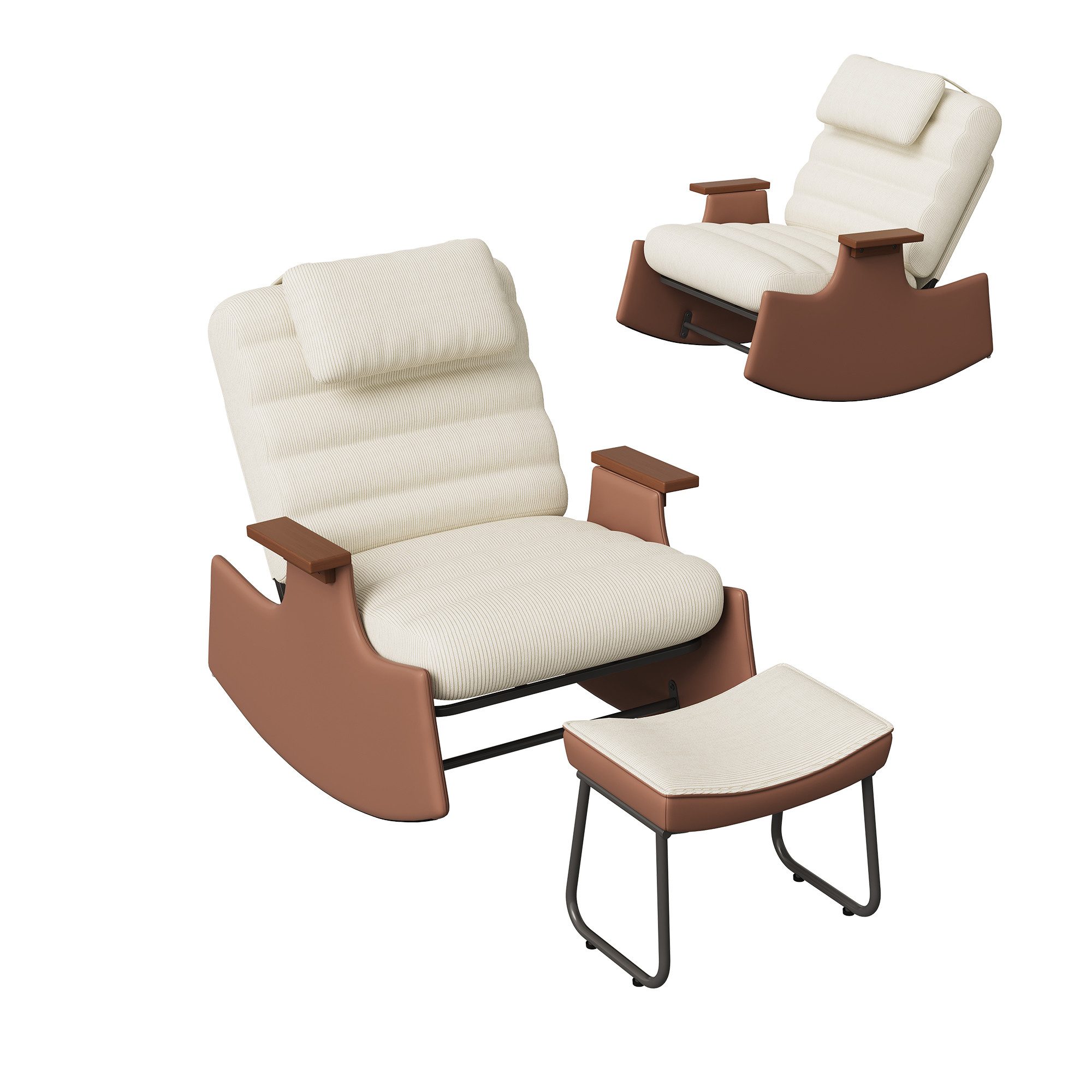 FUROKOY Schaukelstuhl Relaxsessel 3-stufia verstellbare Rückenlehne (Set, 1 St), Wohnzimmersessel mit Armlehnen und Hocker Cord,Beige,62x52x81cm
