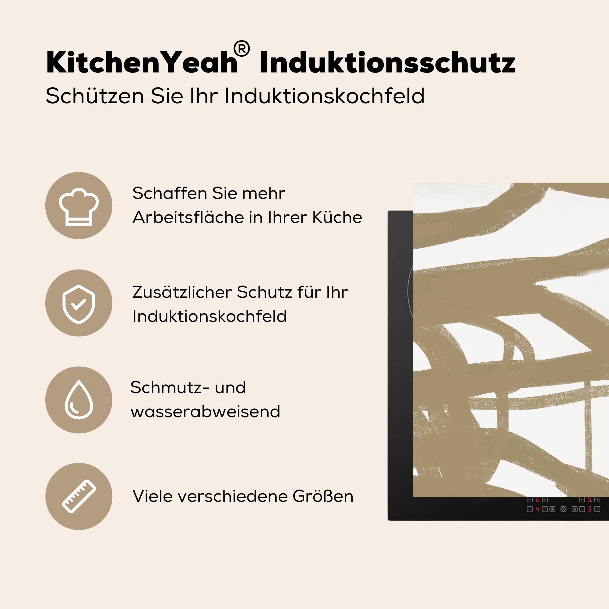 - Induktionskochfeld - Vinyl, die MuchoWow Herdblende-/Abdeckplatte 81x52 küche, Schutz Ceranfeldabdeckung (1 cm, tlg), für Weiß, Abstrakt Braun