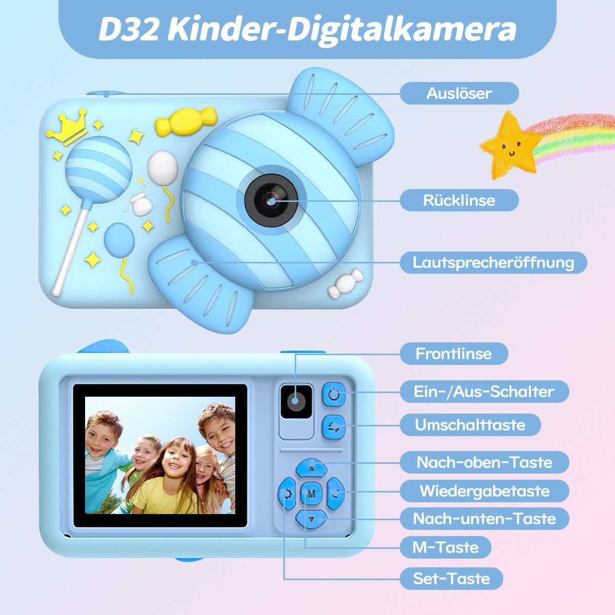 MOPUEA Kinderkamera Mit Doppelobjektiv 1080P 32GB 2 Zoll Bildschirm Kinderkamera (inkl. Kamera Mit Zubehör Für Kinderfotografie, Doppelobjektiv 1080P 32GB Silik – Bild 2 von 4