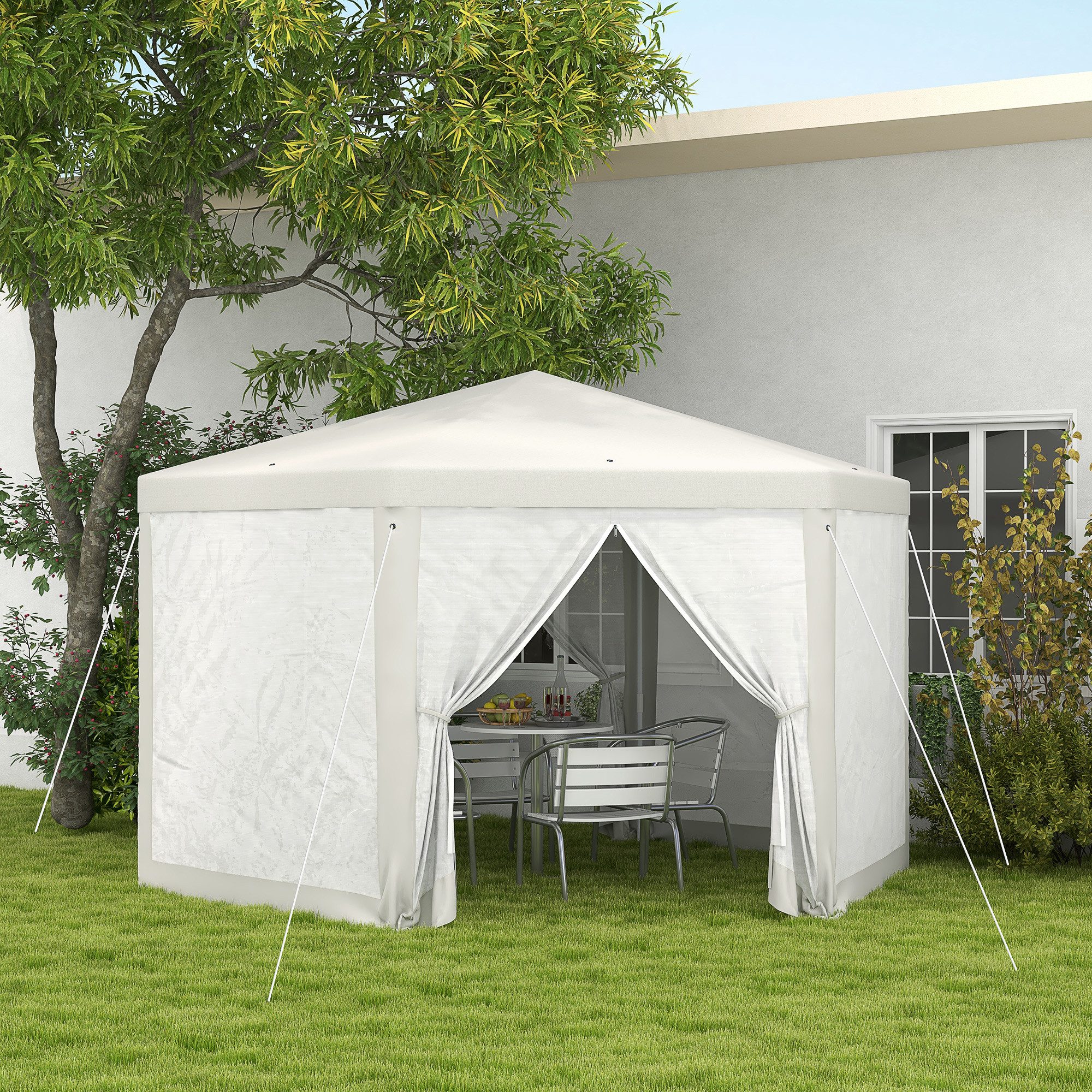 Outsunny Pavillon 4x3m Sechseckig Wasserabweisend Stabil, mit 1 Seitenteilen, (Gartenzelt, Festzelt), mit 6 Seitenteilen, für Camping, Garten, Cremeweiß
