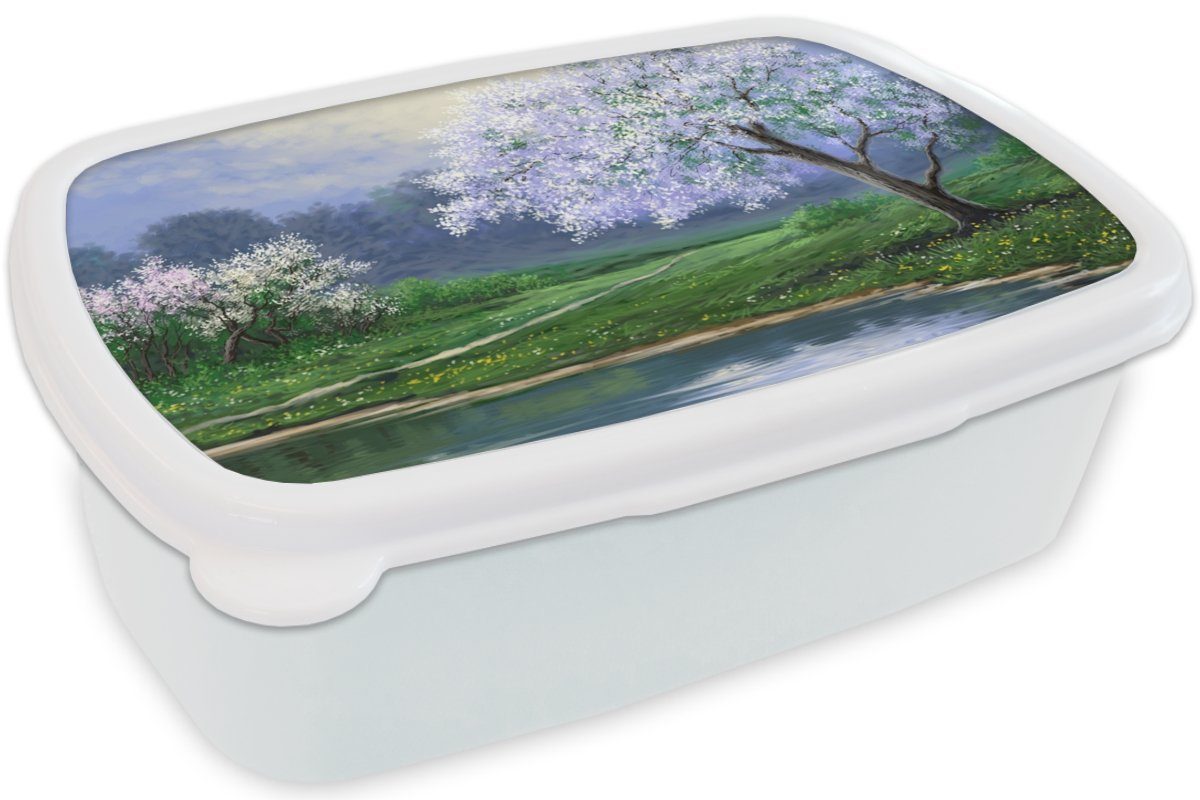 Malerei Kinder und Erwachsene, (2-tlg), - Blüte und Baum Natur für Mädchen Jungs Lunchbox - Brotdose, - MuchoWow Wasser, für Kunststoff, Brotbox weiß -