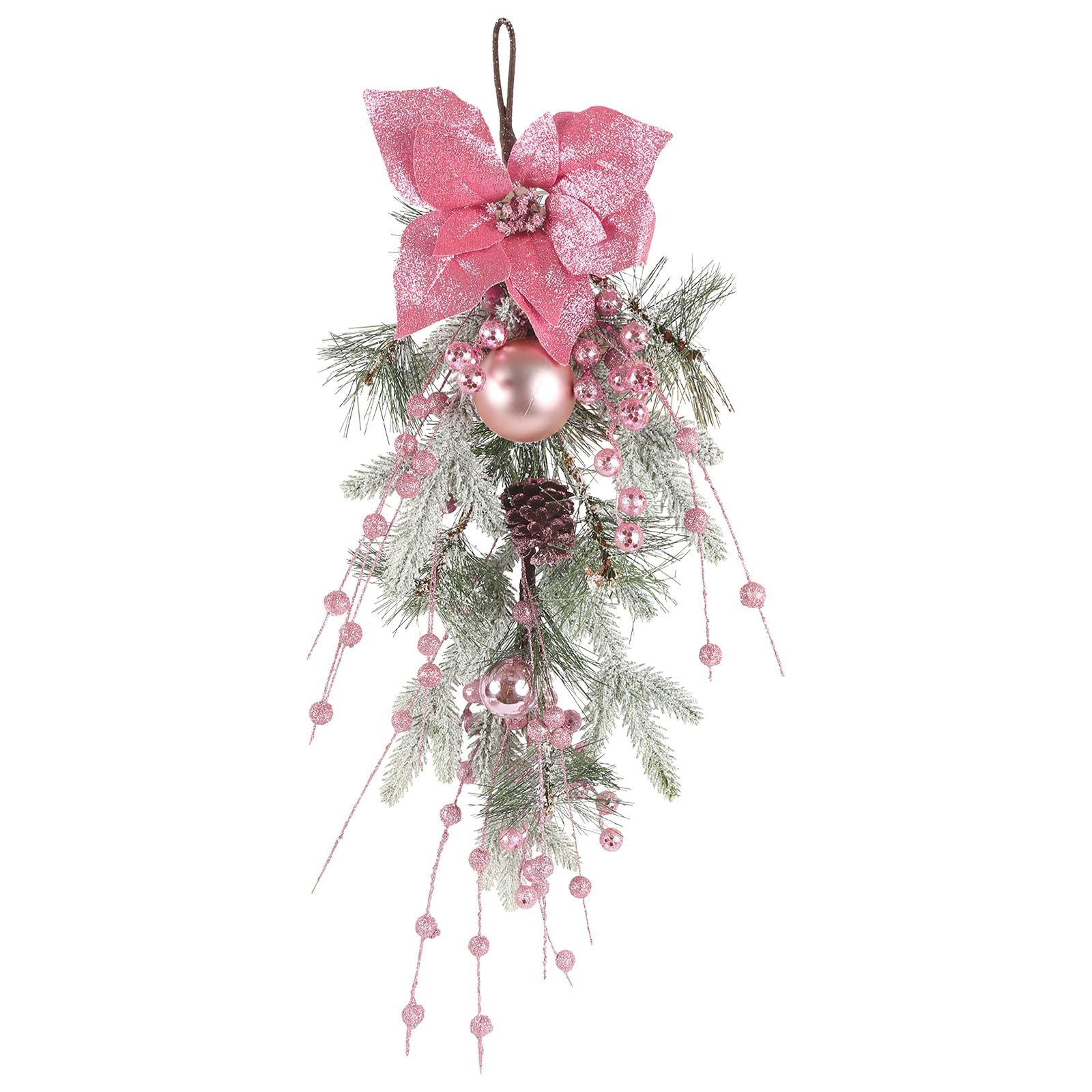CLTYQ Dekokranz Tropfenförmiger Weihnachtskranz, zum Aufhängen, als Türdekoration, mit Glitzerschleife, Tannenzapfen und Tropfenform