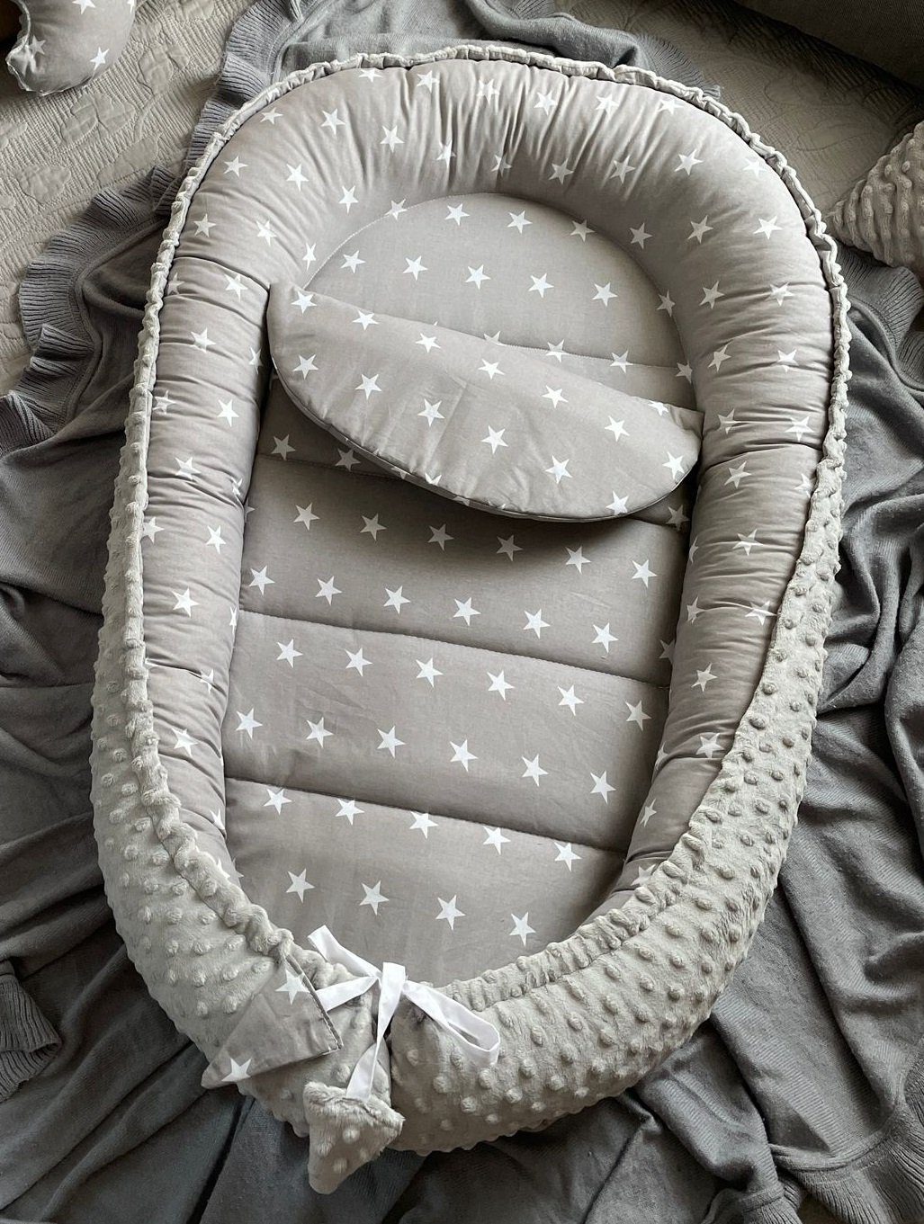 Loolay Bettnestchen MINKY/ Baumwolle BABYNEST Babykokon Geschenk Babyausstattung SETS, (MUSTER: Sterne GRAU/ MINKY Grau, SOLO oder im SETS, 5-tlg., PREMIUM BABY – Bild 5 von 5