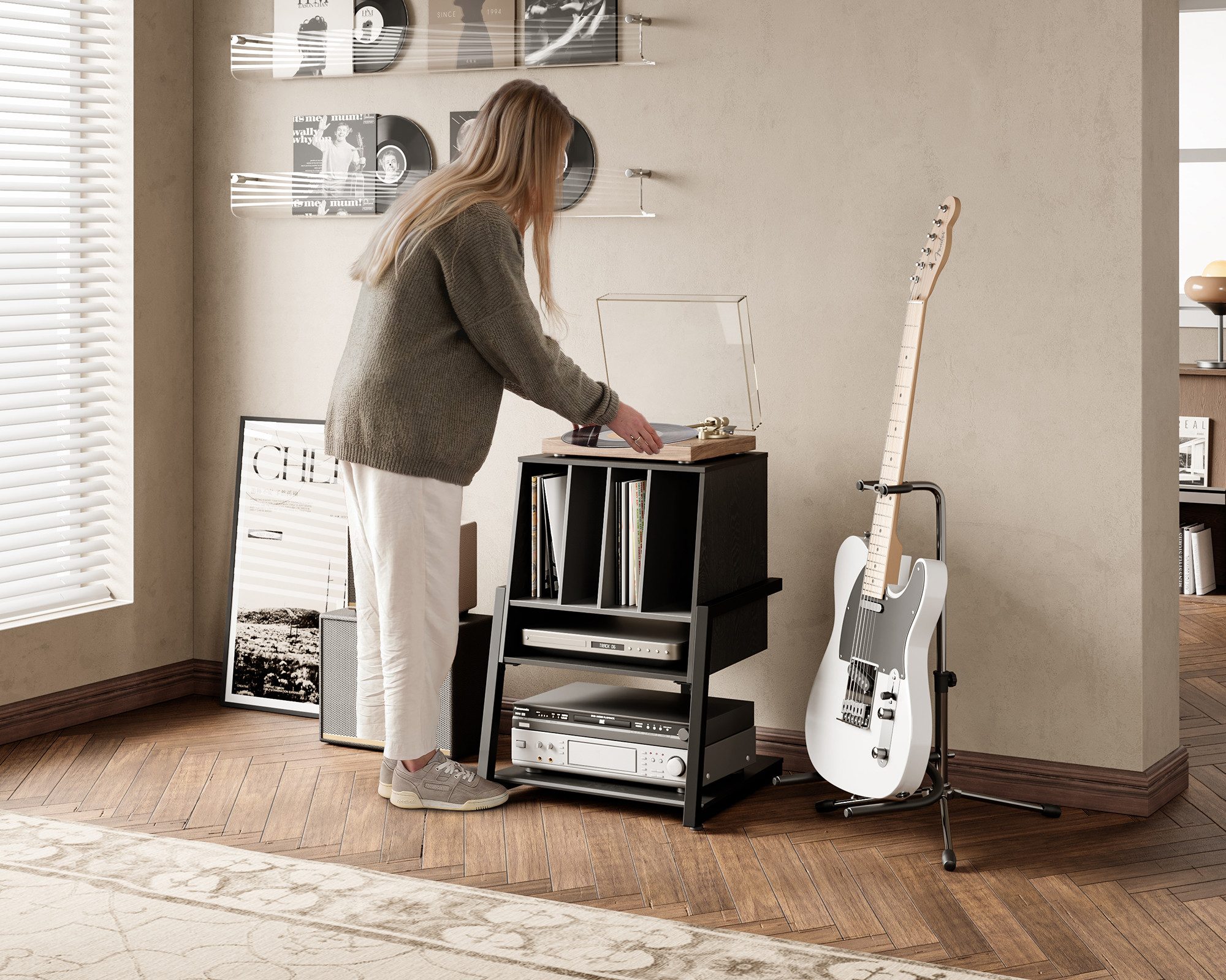 FITUEYES TV-Regal HIFI Rack mit 5 Fächern, 78 cm hoch, Stauraum für 120 Schallplatten, rutschfeste Füße, für Rollen nachrüstbar – Bild 2 von 5