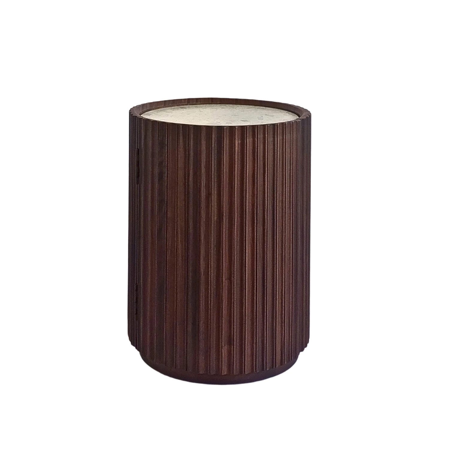 Woodek Design Nachttisch für Schlafzimmer Franz, runder Couchtisch aus massivem Nussbaumholz (Durchmesser: 42 cm, Höhe: 55 cm, 1-St., praktischer Stauraum), Beistelltisch mit Steinplatte