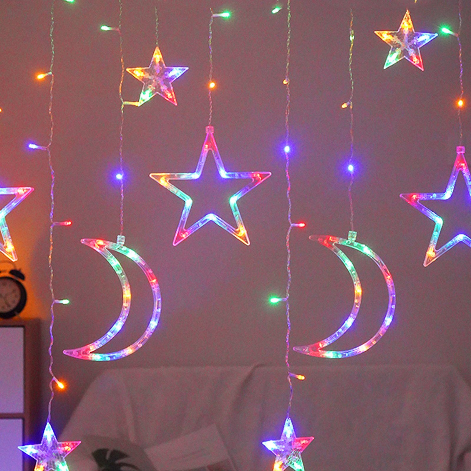 Sunicol LED-Lichtervorhang Eid Mubarak Ramadan Wasserdicht, Stern LED Mond,Batteriebetrieb, Dekolicht,mit Multicolor Energieeinsparung