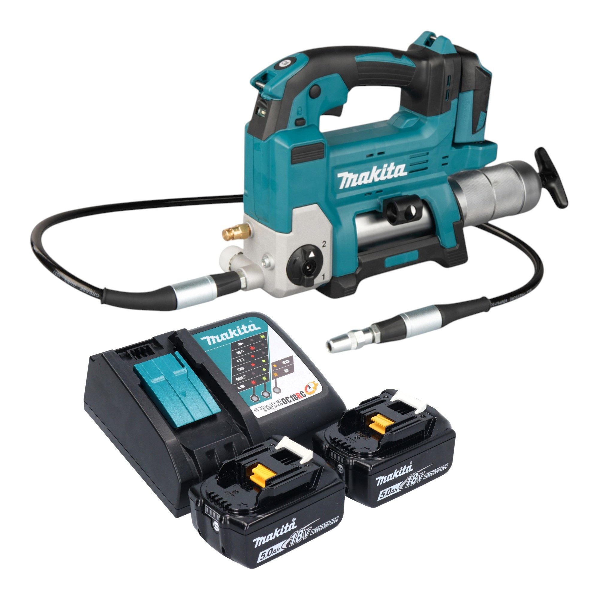 Makita Werkstattpresse DGP 180 RT Akku Fettpresse 18 V 690 bar + 2x Akku 5,0 Ah + Ladegerät