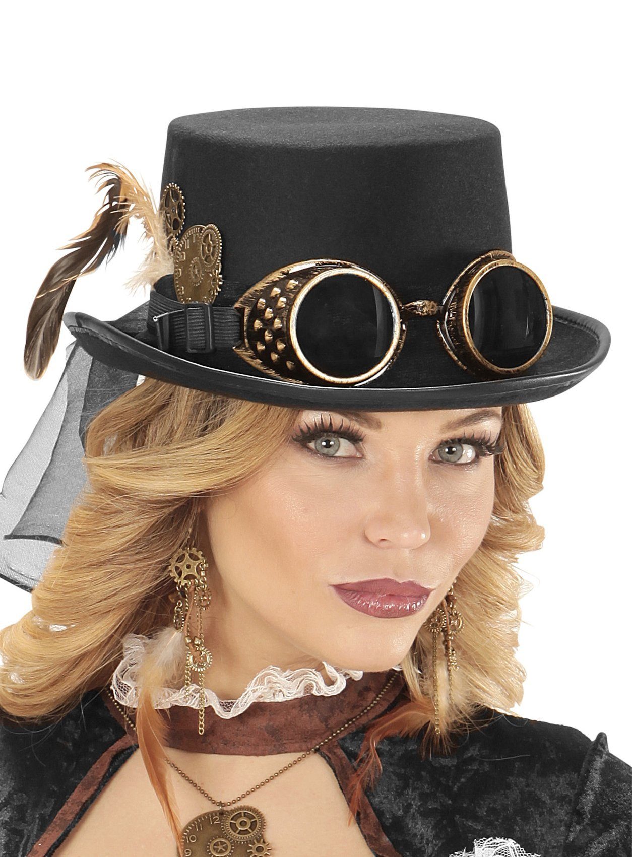 Widdmann Kostüm Steampunk Zylinder - Karneval Faschingskostüm, Filzzylinder mit Messing-Deko und Steampunk-Brille