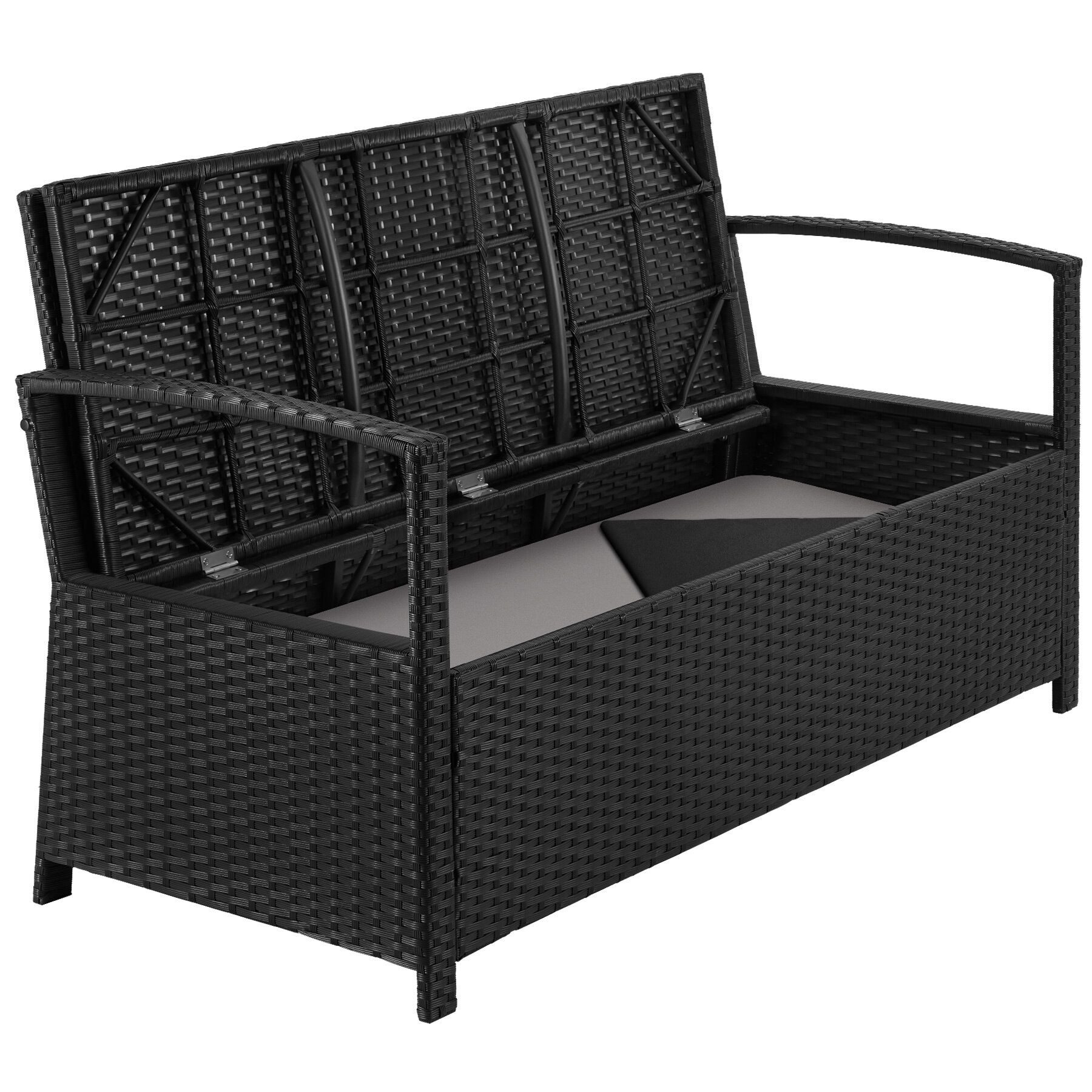 tectake Gartenbank Polyrattanbank 2-Sitzer wetterfest mit großem Stauraum 128x56x77,5cm (Balkonbank Vecchia, in Schwarz), Belastbarkeit 250 kg, Inkl. Schutzhülle und Sitzpolster
