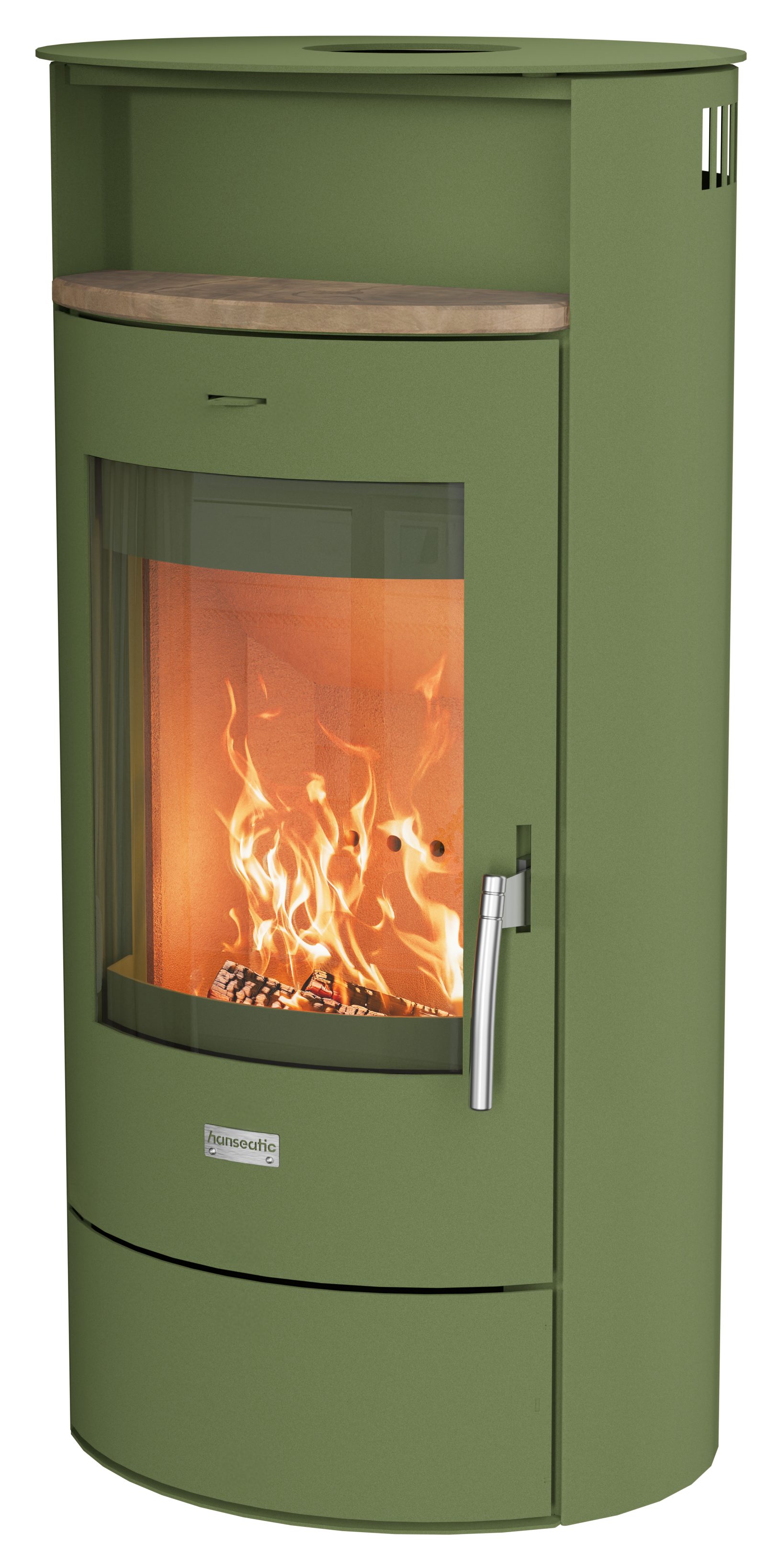 Hanseatic Kaminofen PIACENZA Stahl salbeigrün, Trendfarbe! Lieferung bis ins Wohnzimmer, 6,7 kW, Zeitbrand, NEU und Exklusiv
