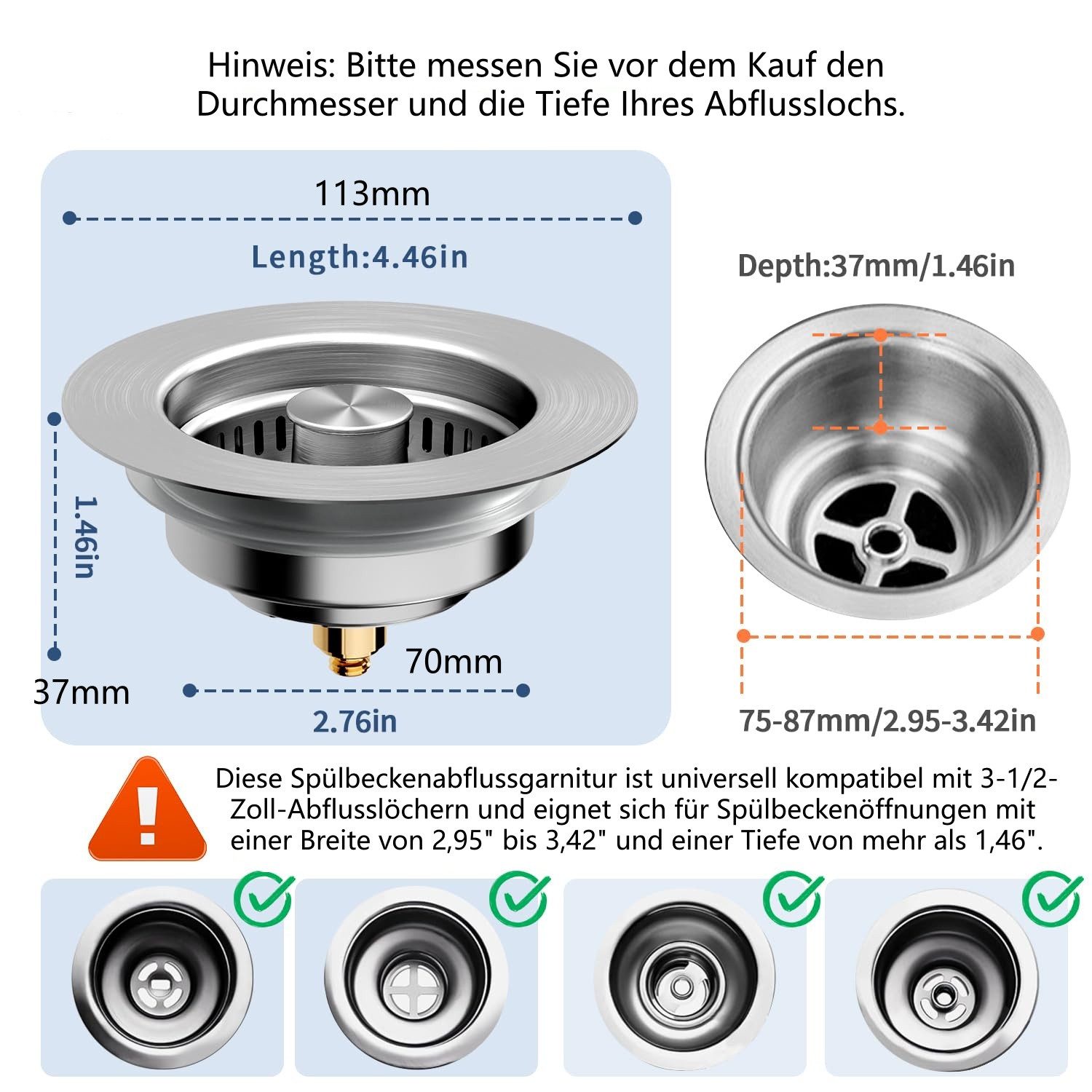 FOUORTUNATE-BEE Waschbeckenstöpsel 3 in 1 Spülenstopfen mit Siebkorb Abflussfilter für Küchenspüle, Passend für 3,5 Zoll Spülenablauf gegen Verstopfung und Gerü – Bild 4 von 5