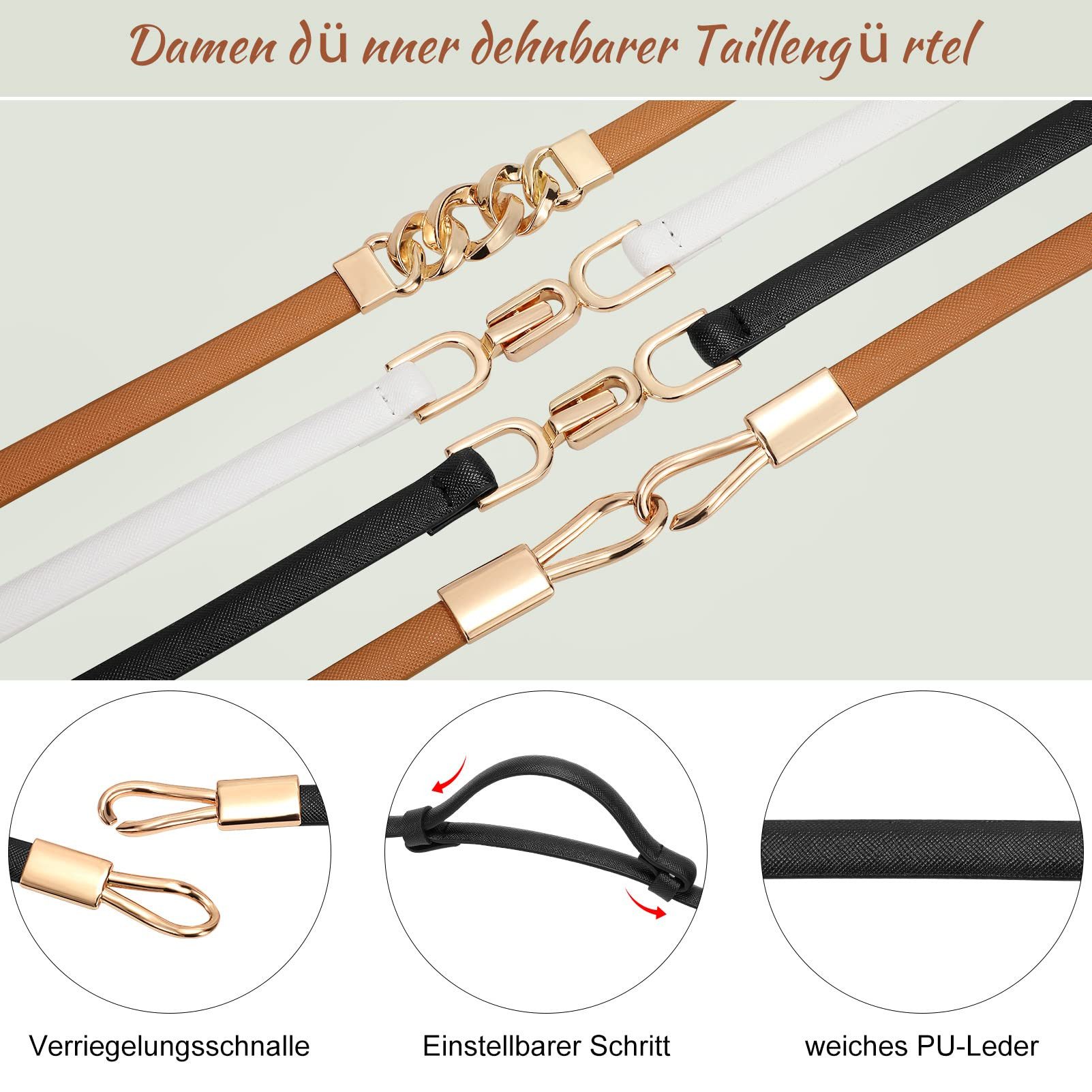 Bwecuy Taillengürtel Schmaler Taillengürtel für Damen Verstellbarer dünner Gürtel Schmaler Ledergürtel mit Gold metallschnalle für Kleid – Bild 4 von 5