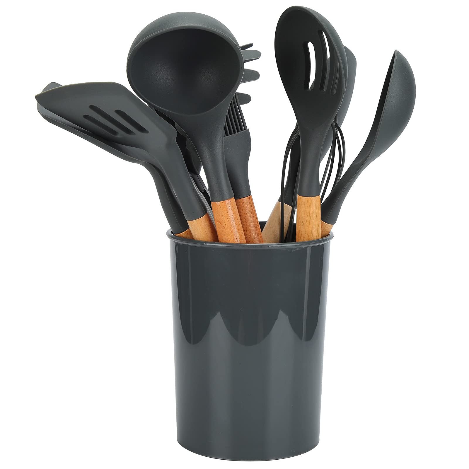 FANNOU Kochbesteck-Set antihaftbeschichtetes Kochbesteck mit Holzgriff (12-tlg), hitzebeständig bis 480 °F, Küchenutensilien-Set aus Silikon