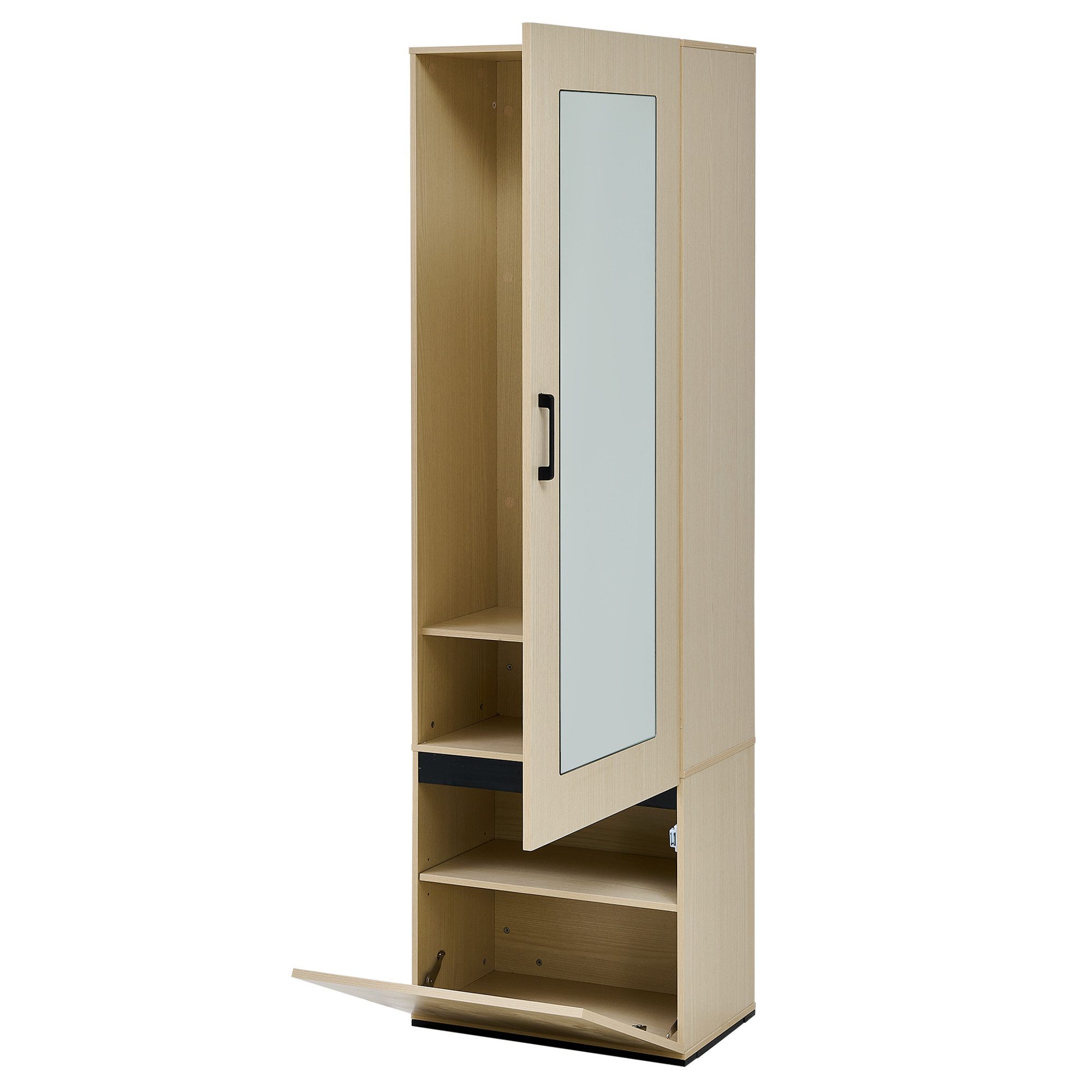 Refined Living Garderoben-Set Schmaler Garderobenschrank mit Spiegel & ausziehbarer Kleiderstange, (Garderobe Flur Eingangs­schrank Flur-Schrank mit Spiegel, Schuh- und Jackenschrank, Moderner Flur- und Eingangs­schrank aus MDF in heller Holzoptik mit schwarzen Details, 1-St., Hochwertiges Material & einfache Montage,Großer Stauraum), platzsparend für Flur, Eingangsbereich, Schlafzimmer & Wohnung