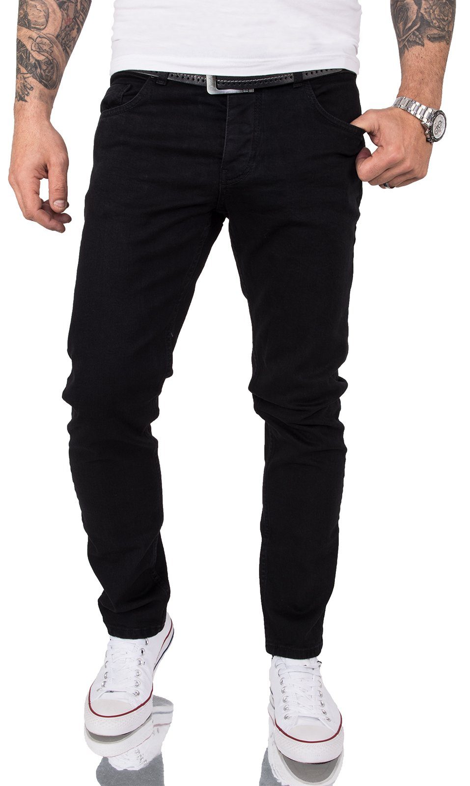 Gelverie Slim-fit-Jeans Herren Jeans Stonewashed Schwarz günstig online kaufen
