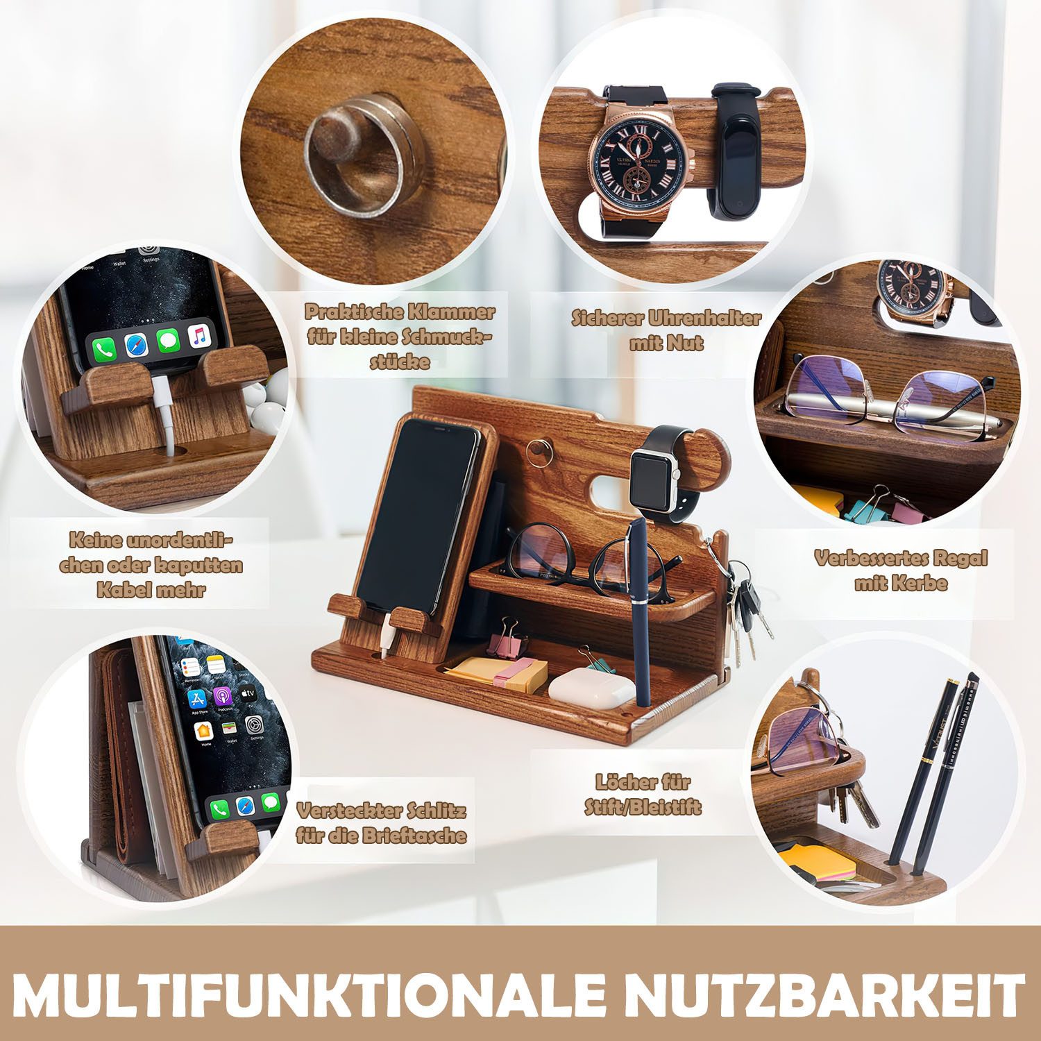 Refined Living Organizer Holz Telefon Dockingstation Geschenke für Männer & Frauen Geburtstag (Schreibtisch Nachttisch Organizer ladestation holz Büro Aufbewahr – Bild 5 von 5