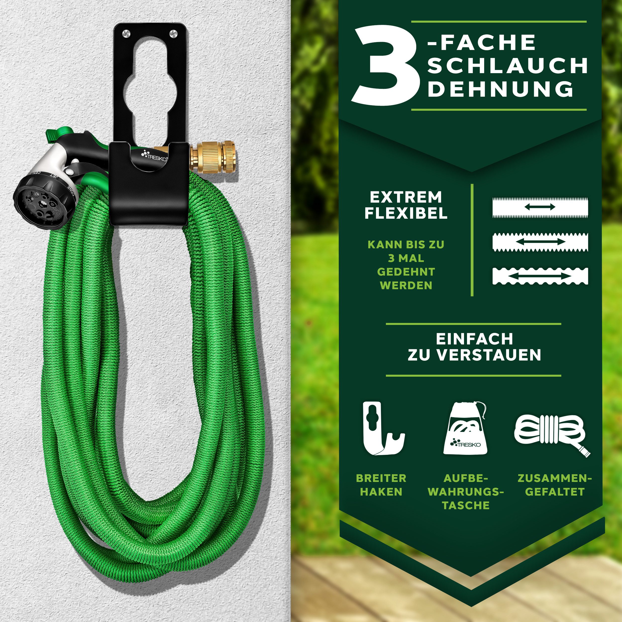 TRESKO Gartenschlauch Flexibler Wasserschlauch mit 3-Fach Latexkern, flexischlauch, - alle Verschraubungen aus hochwertigem Messing – Bild 4 von 5