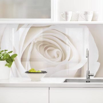 Bilderdepot24 Küchenrückwand weiß dekor Blumen Romantik Landhaus Pretty White Rose, (1-tlg., Nischenrückwand - für Fliesenspiegel ohne Bohren - matt), Spritzschutz Rückwand Küche Herd - Folie selbstklebend versch. Größen