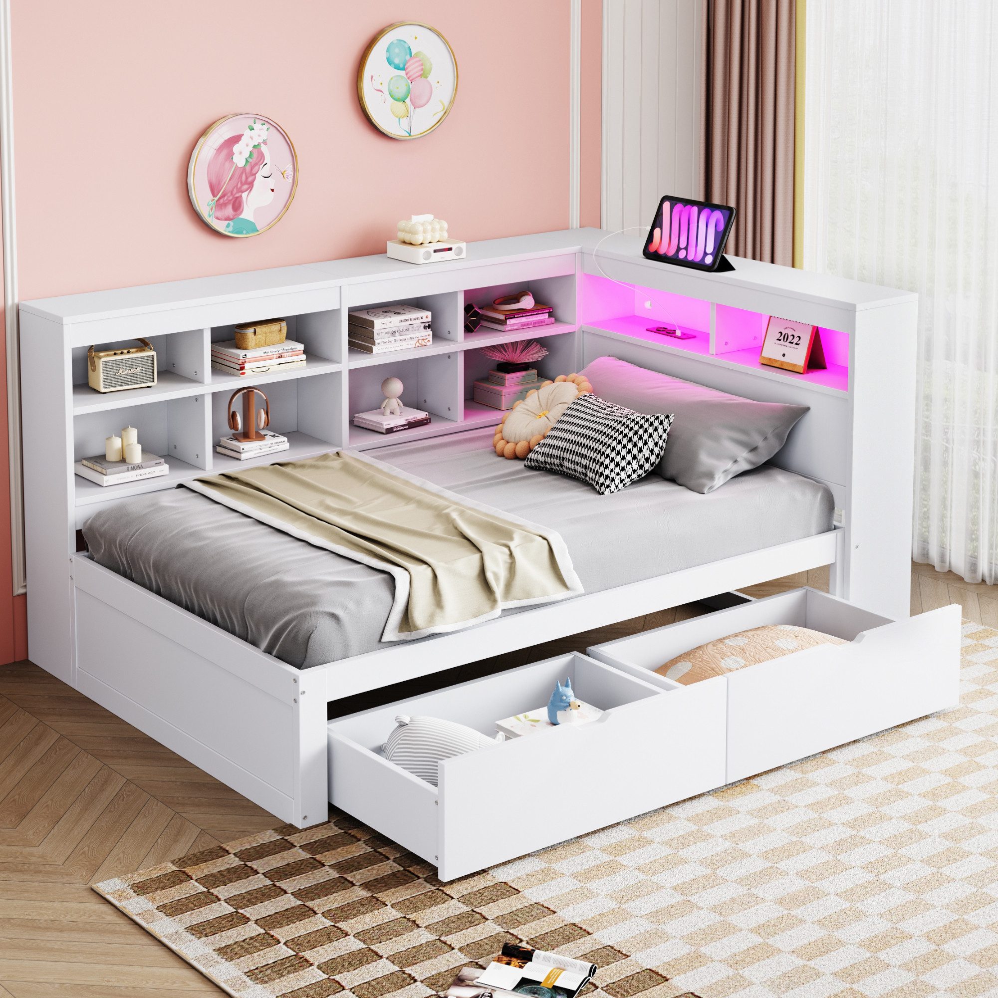 Odikalo Massivholzbett Holzbett Schlafsofa 90x200 USB LED Regal Stauraum Ablagefach Weiß/Grau
