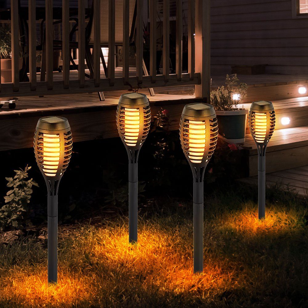 Außen fest LED 4er Solar Fackeln Feuer Set Deko LED-Leuchtmittel Warmweiß, etc-shop verbaut, Effekt Solarleuchte, Garten LED