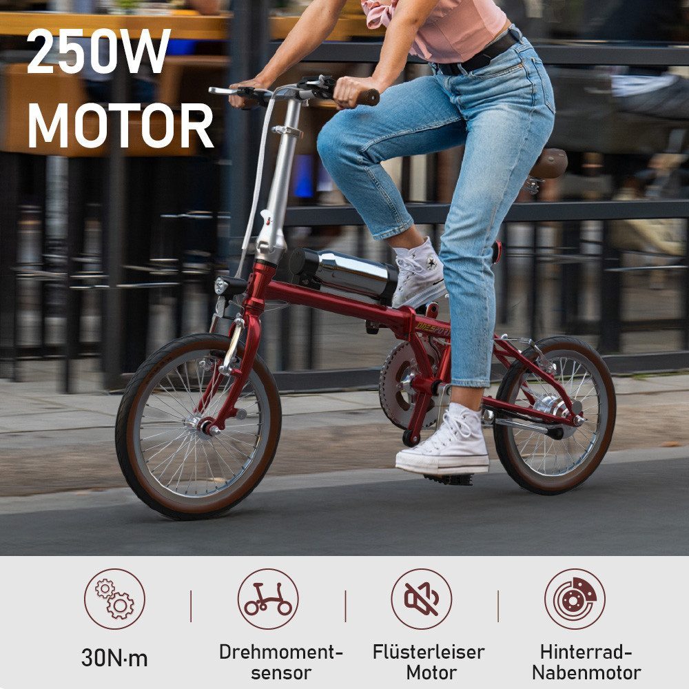 Onesport E-Bike Cityrad OT02 e bike für herren u. damen 36V 250W 30Nm Klapp-E-Bike, 1 Gang, Kettenschaltung, 187,2 Wh, 187Wh 36V 250W klapprad 40km Reichweite 14,5kg leicht
