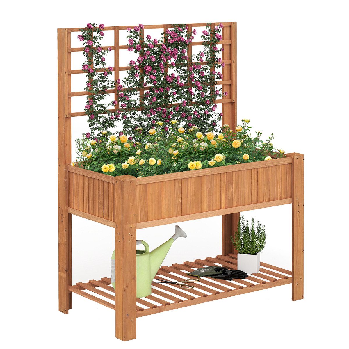 COSTWAY Hochbeet, Gartenbeet, Pflanzkasten, mit Rankgitter und Ablage