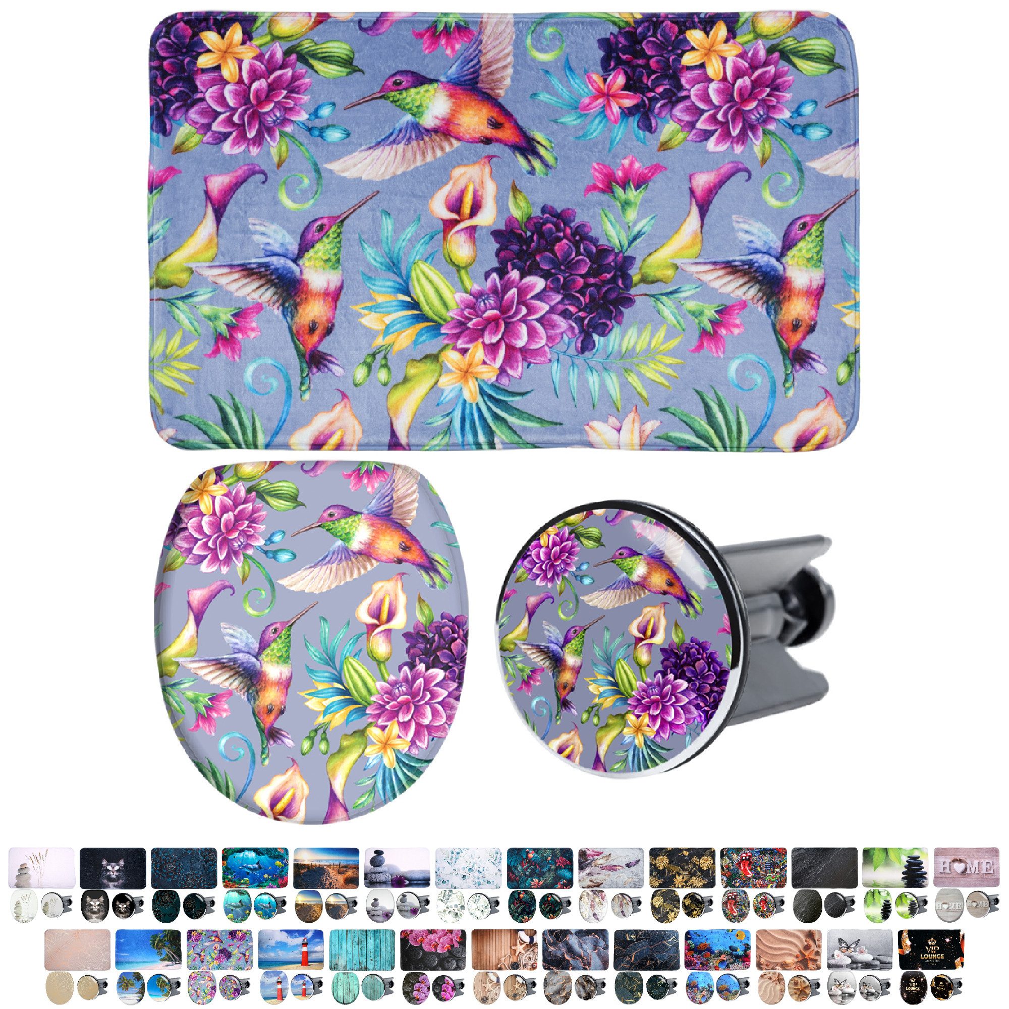 Sanilo Badaccessoire-Set 3-teilig mit Motiv, viele schöne Sets zur Auswahl, WC-Sitz mit Absenkautomatik, Badteppich 70 x 110 cm, Waschbeckenstöpsel, 3 tlg., 3-teilig, hochwertig & modern, universell, leichte Montage