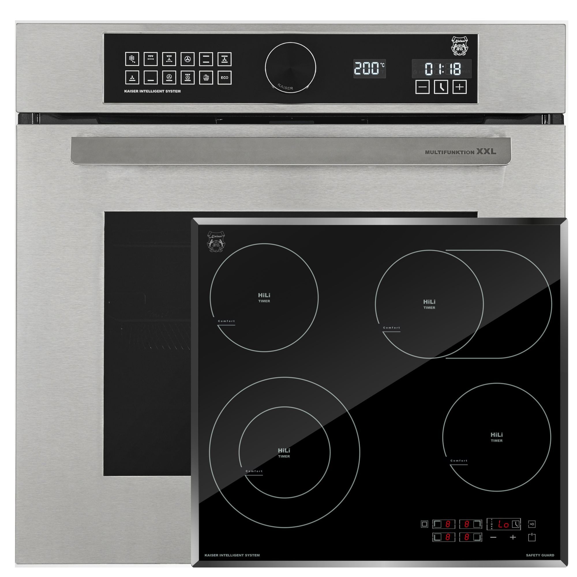 Kaiser Küchengeräte Backofen-Set Herd Set Autark Edelstahl Backofen 60 cm mit Anti touch-Effekt, 79 (L), Air Fry, Heißluft, Temperatursonde, Pizzastein, Drehspieß+Elektro-Kochfeld 60 cm Schwarz Hi-Light Glaskeramik-Kochfeld mit Facetten, FullTouch-Bedienung und LED Anzeige, Intelligent System EH 6451+KCT 6115 F, mit 1-fach-Teleskopauszug, Katalytische Selbstreinigung, Dampfreinigung