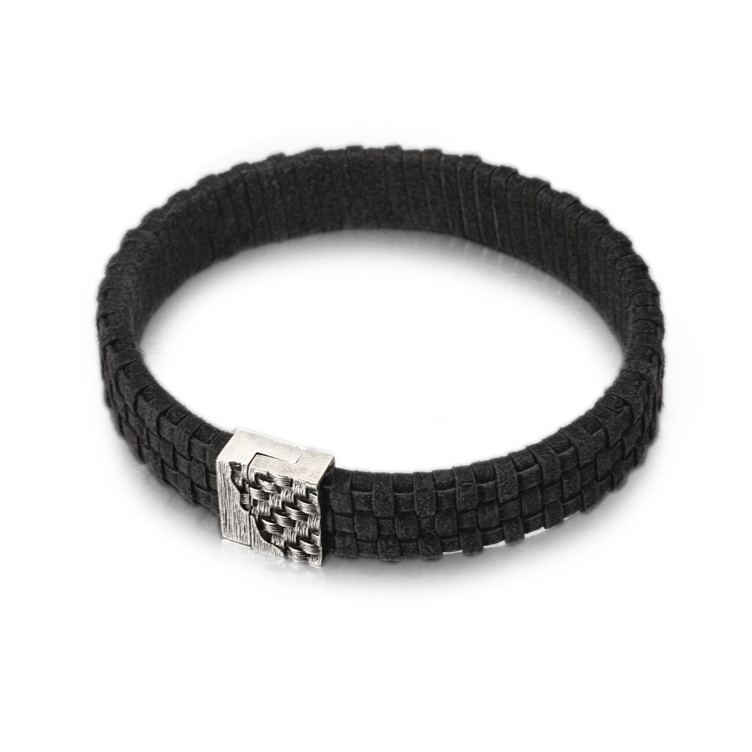 Armband "WOVEN" Lederarmband, 925 Sterling Silber im verwobenen Rattan Design