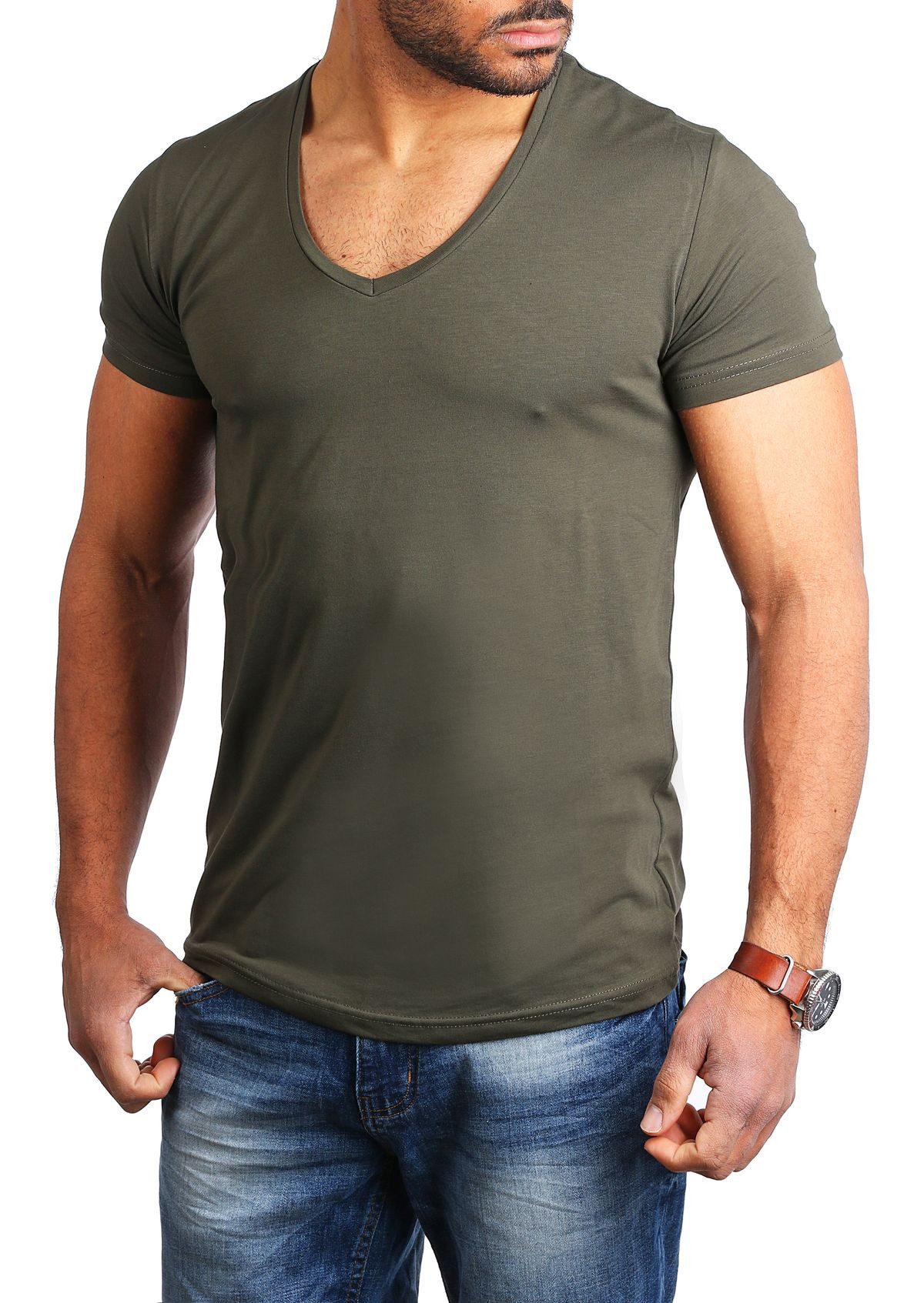 Young & Rich T-Shirt Herren Uni Basic extra tiefer Ausschnitt Unterziehshirt 1315 V-Ausschnitt unifarben kurzarm slim fit
