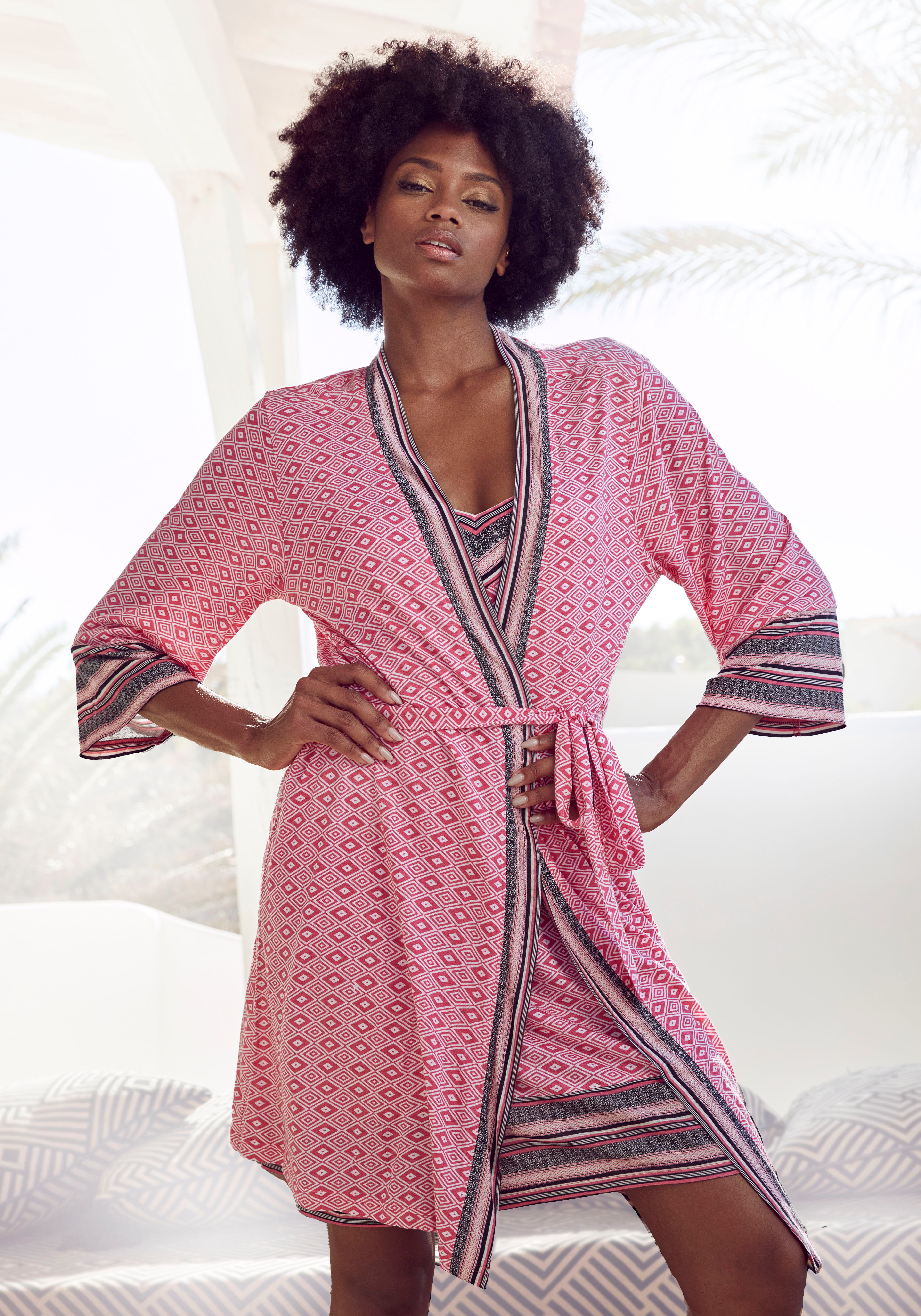 schönem Ethno-Design gemustert Kimono-Kragen, in Vivance Gürtel, Kurzform, Dreams pink Kimono, Single-Jersey,