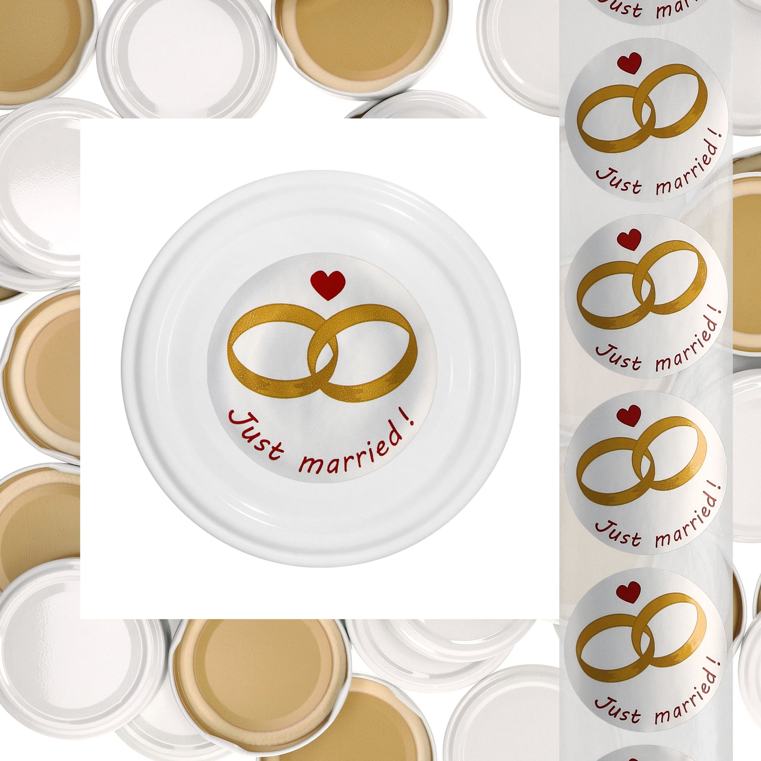 MamboCat Einmachglas 50er Deckelset TO66 weiß Hochzeits-Etiketten Just Married Geschenk, Metall