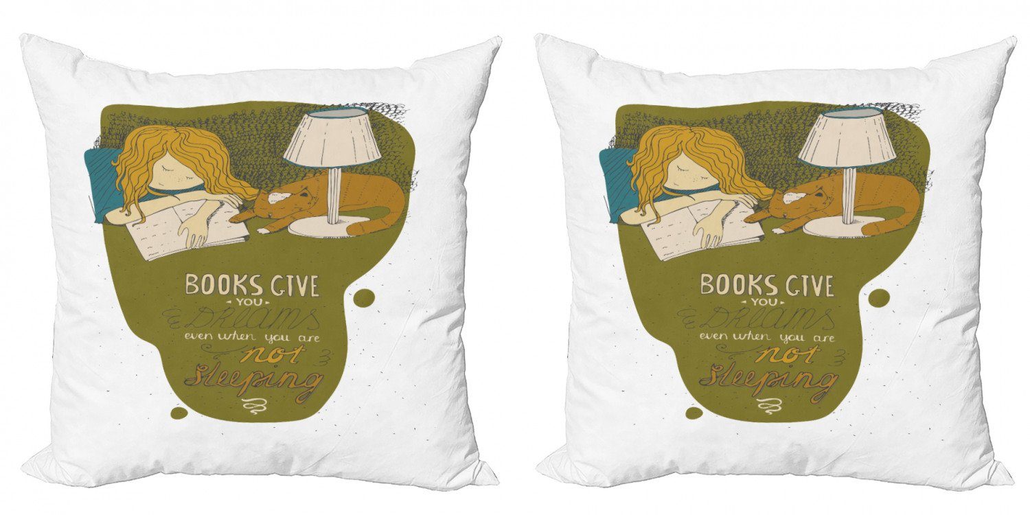 Kissenbezüge Modern Accent Doppelseitiger Digitaldruck, Abakuhaus (2 Stück), Buch Mädchen und Katze Schlaf auf Buch