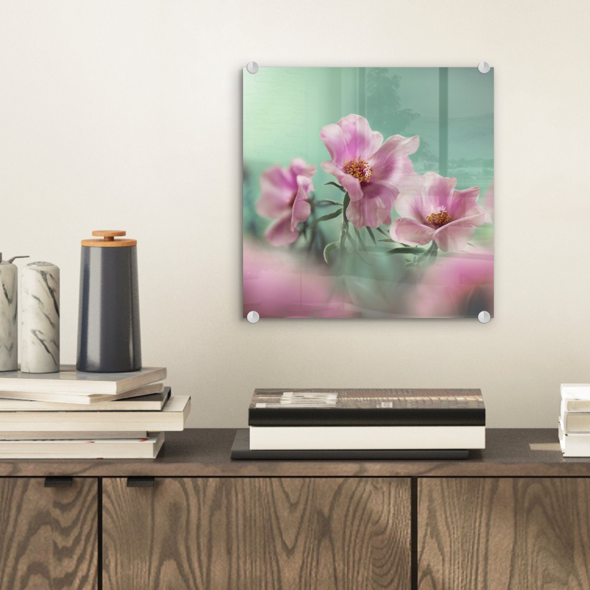 Glas Wanddekoration (1 Tulpe auf einer MuchoWow türkisfarbenem Acrylglasbild Glas St), Blätter rosa auf - Bilder Hintergrund, - - Glasbilder Wandbild mit Foto