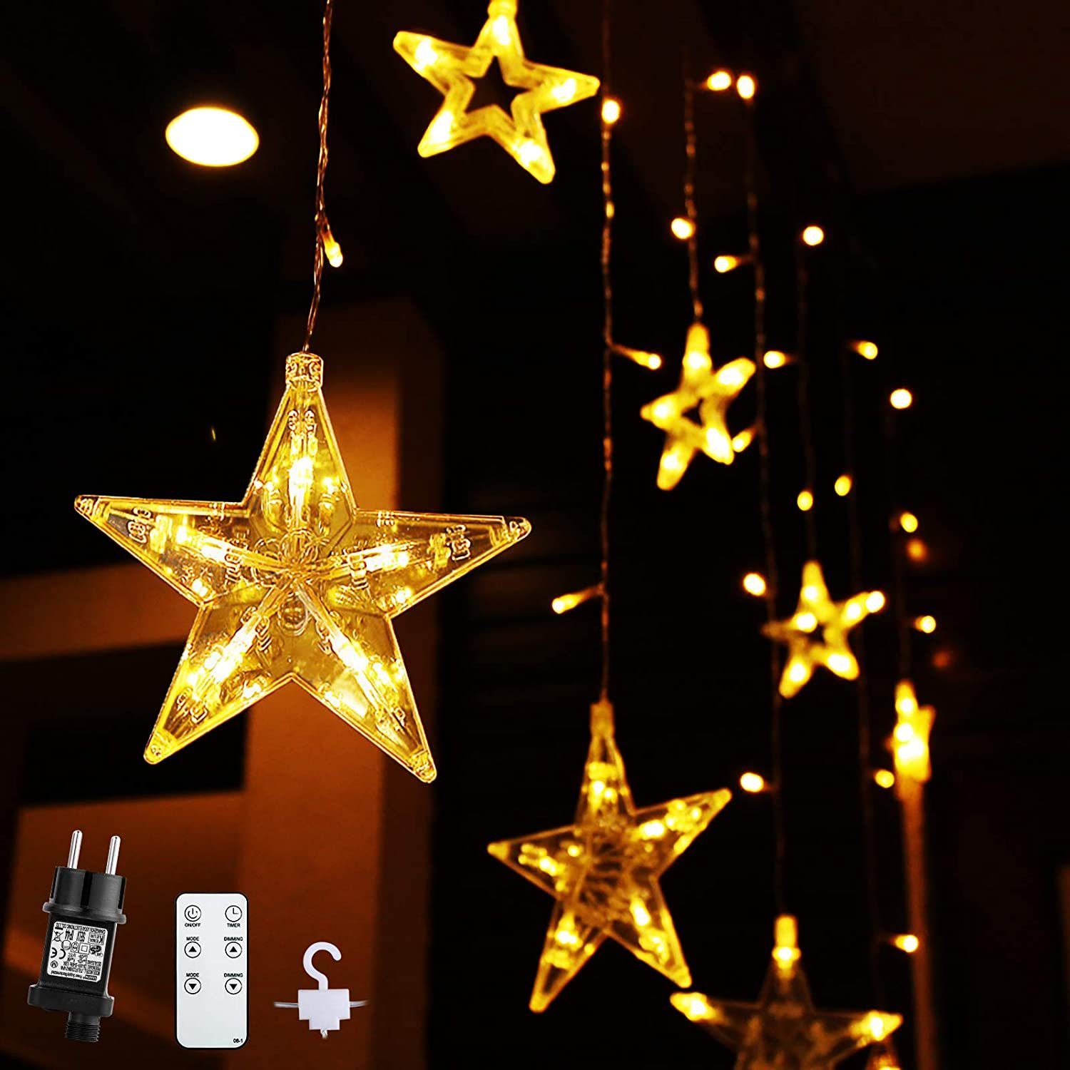 Elegear LED-Lichterkette »108 LED 2,2m 12 Sterne Lichterkette  Sternenvorhang Timer mit Haken«, 108-flammig, Weihnachtsbeleuchtung für  Fenster