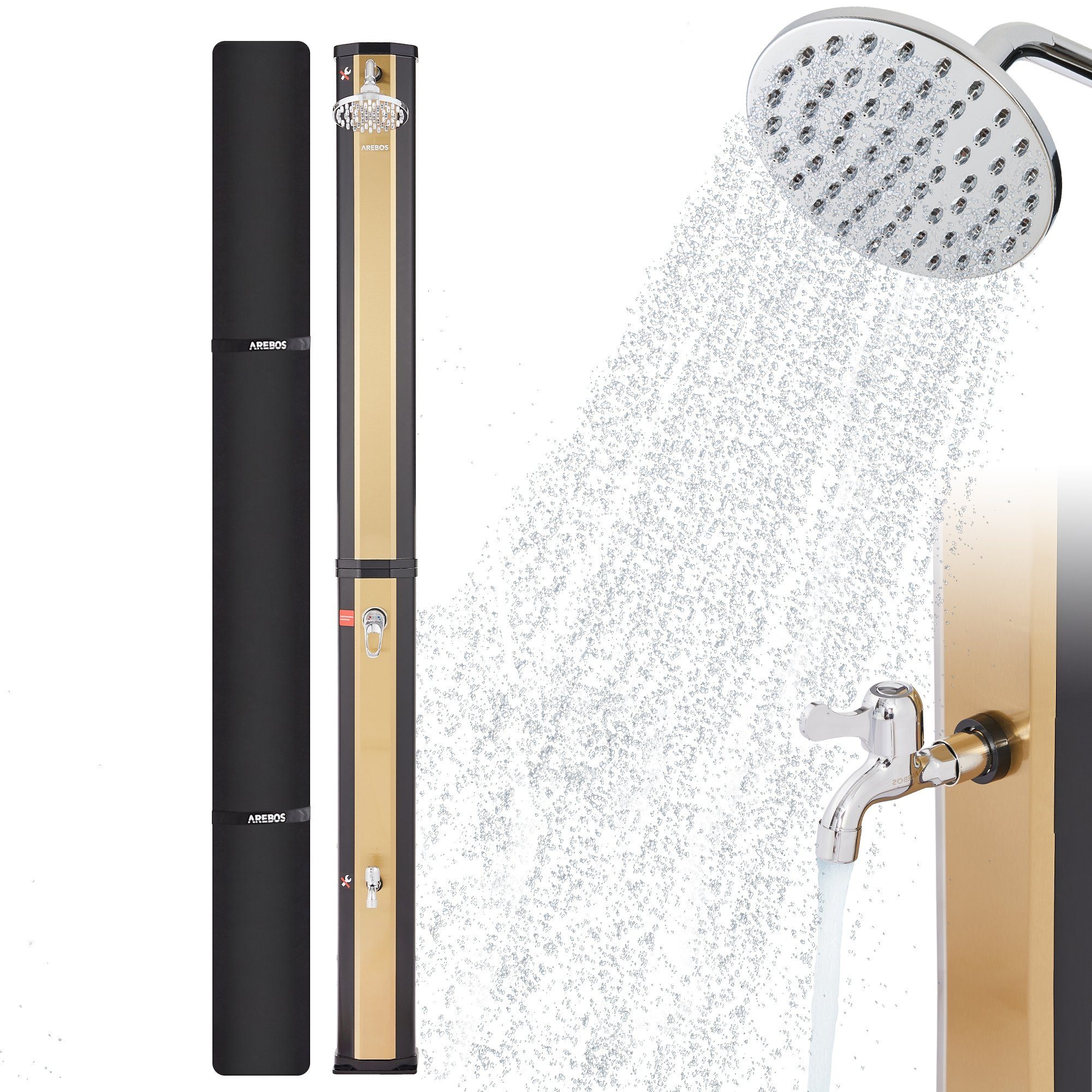 Arebos Solardusche 35 Liter, 216 cm, bis 60°C, inklusive Abdeckhaube (Stück, 1 St., Golden), Inkl. Abdeckung
