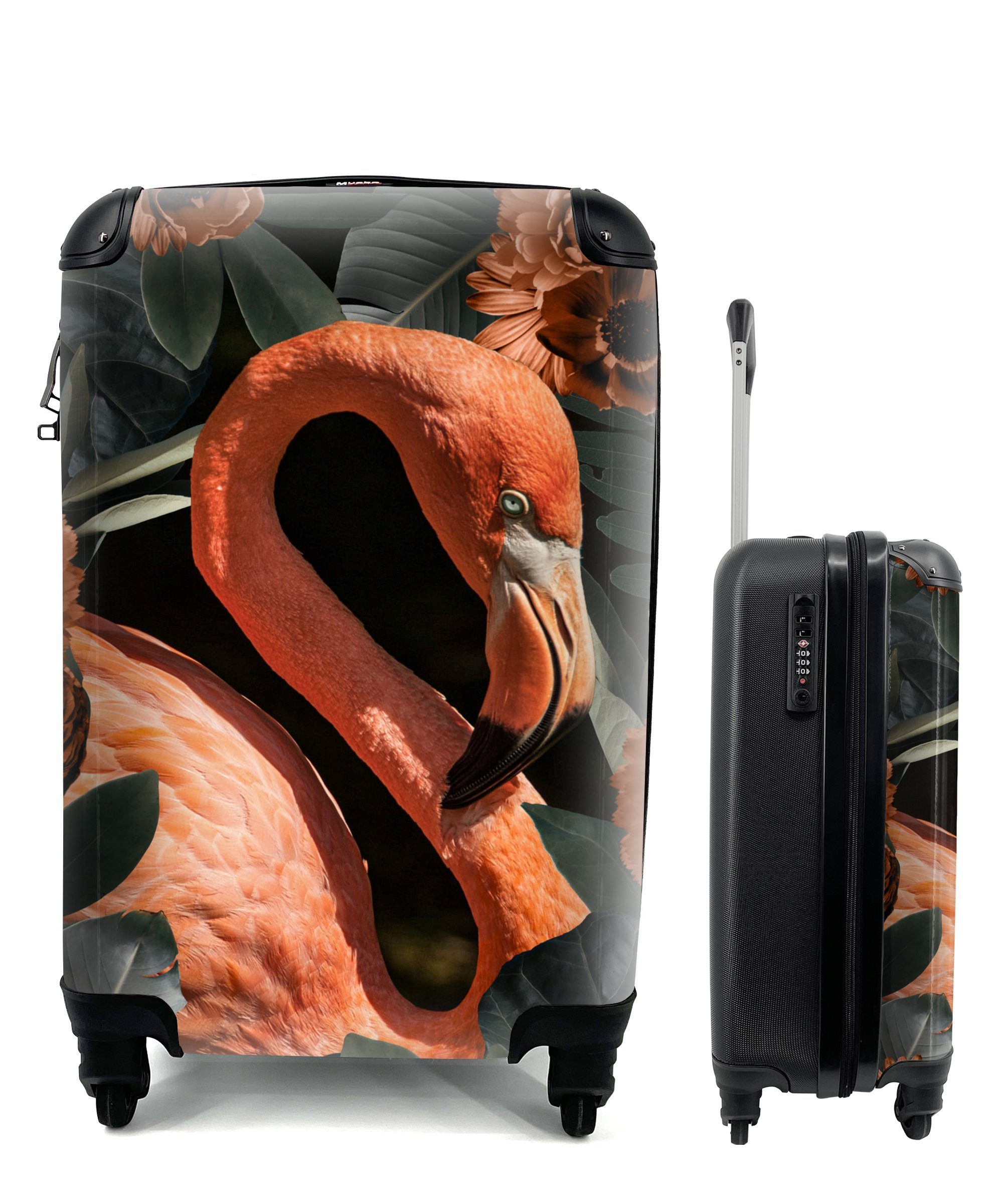 MuchoWow Handgepäckkoffer Flamingo - Rosa - Blätter, 4 Rollen, Reisetasche mit rollen, Handgepäck für Ferien, Trolley, Reisekoffer